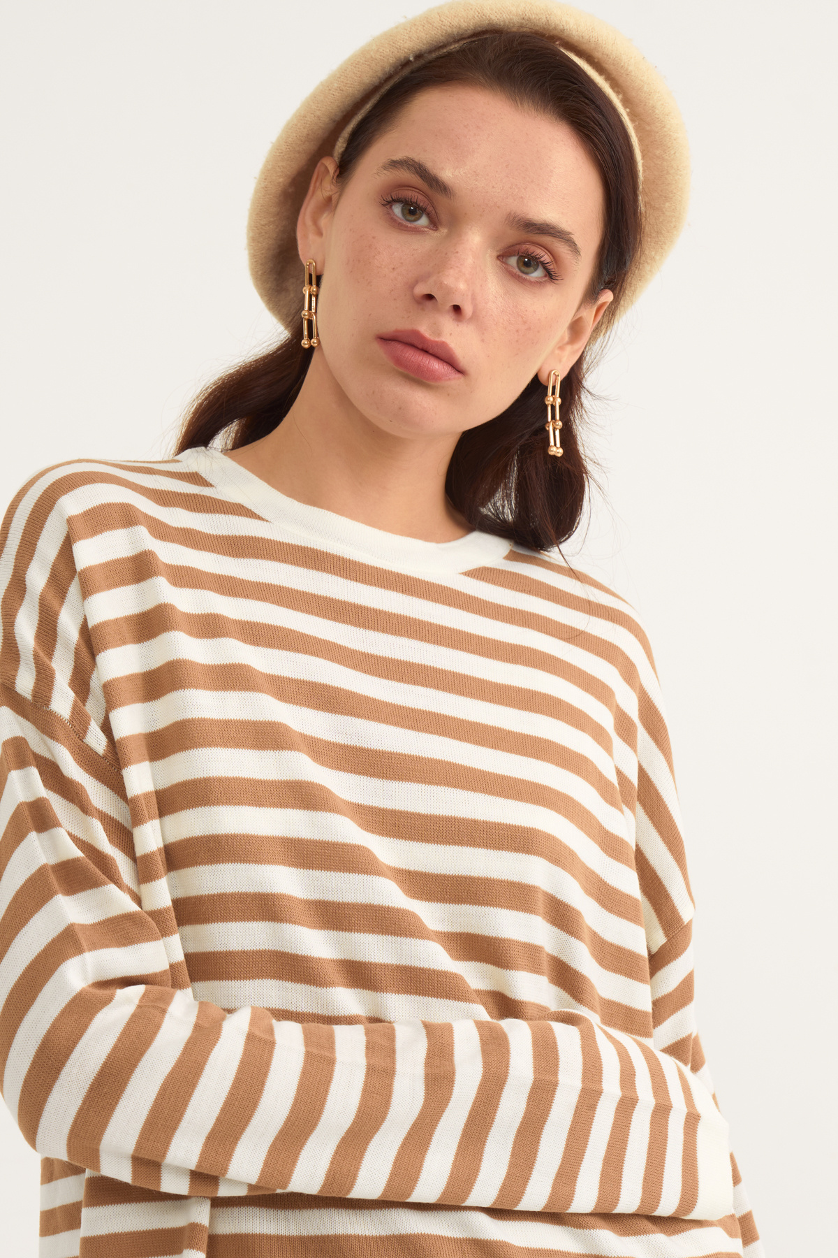 Striped oversize knit sweater - CAMEL