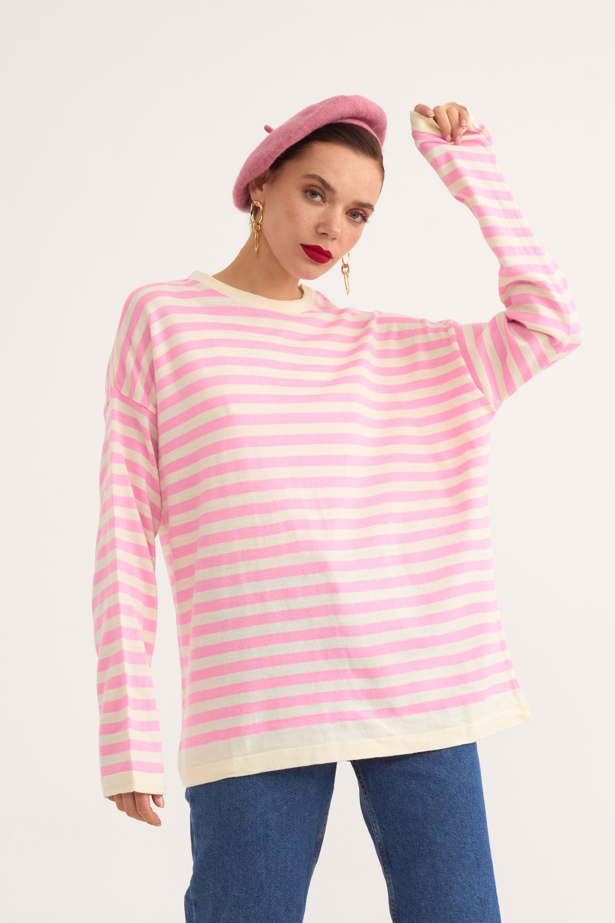 Striped oversize knit sweater - PINK