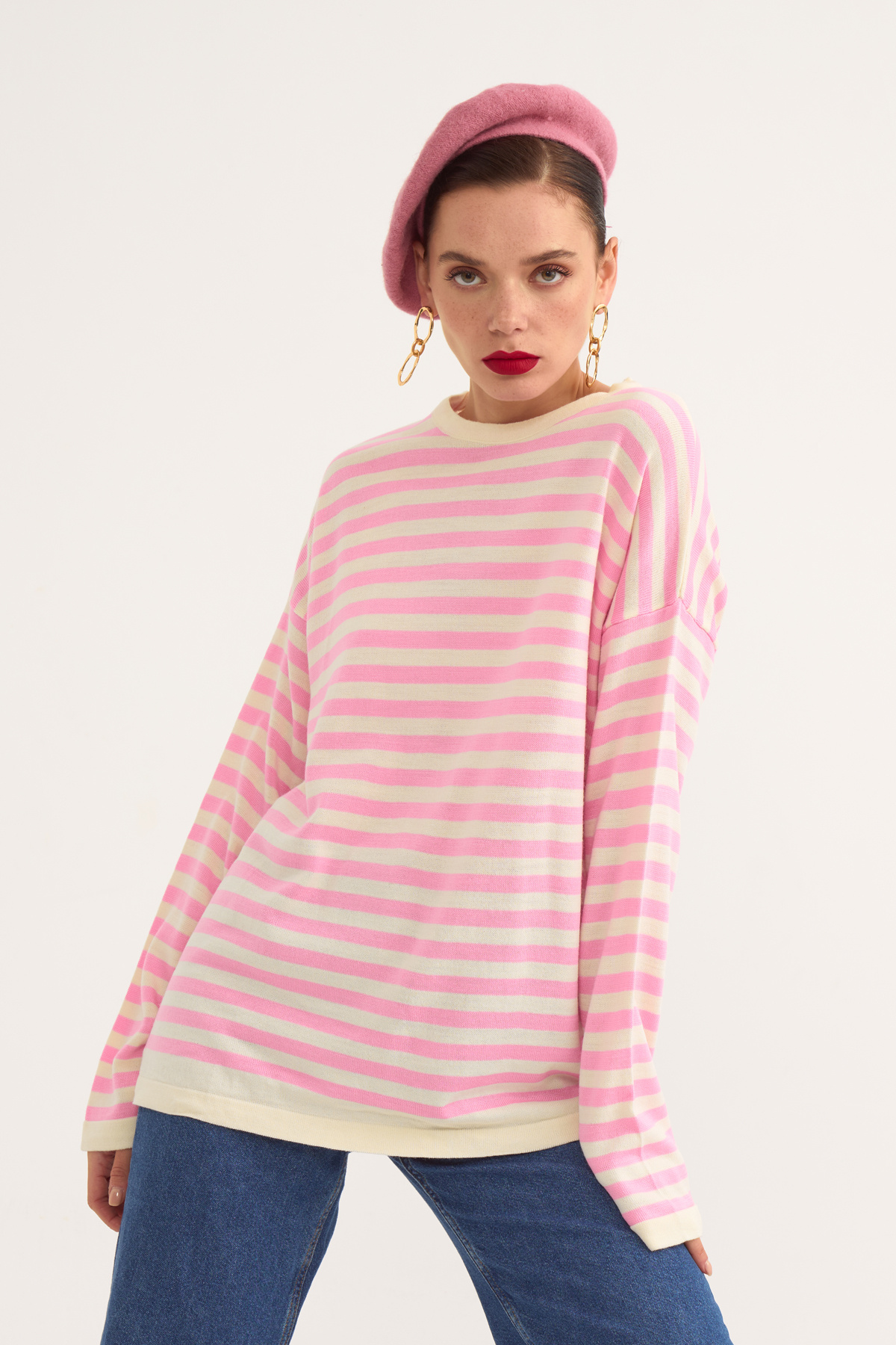 Striped oversize knit sweater - PINK