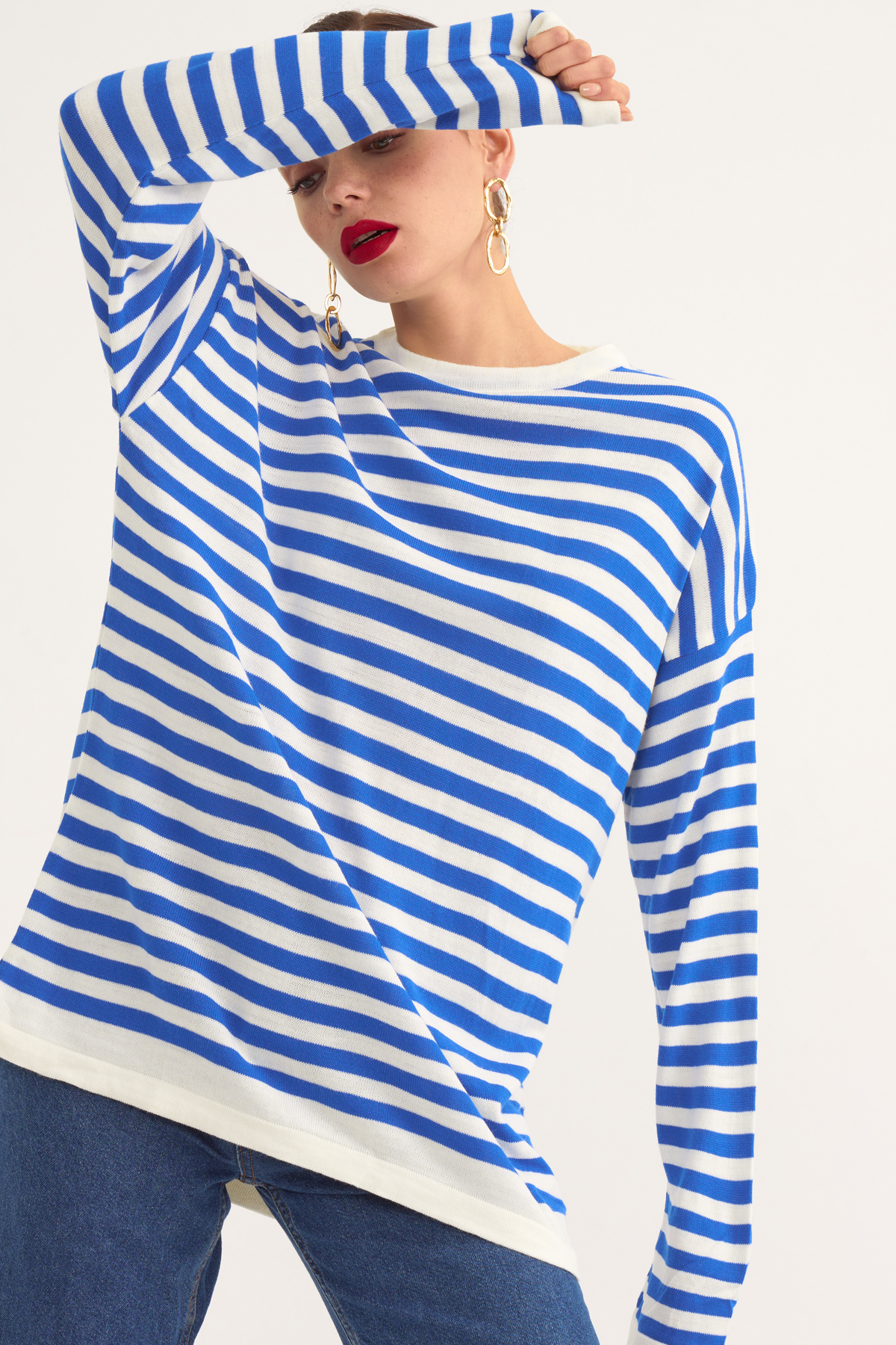 Striped oversize knit sweater - SAX BLUE