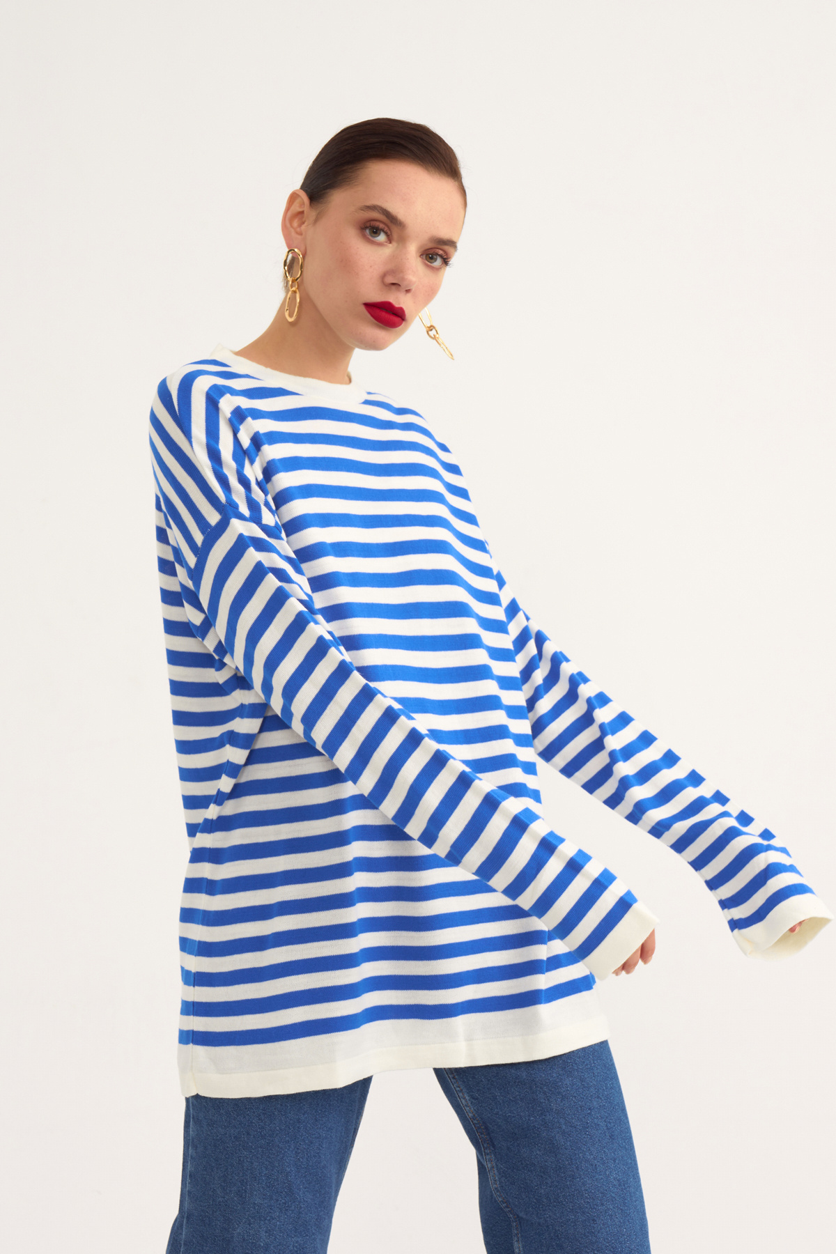 Striped oversize knit sweater - SAX BLUE
