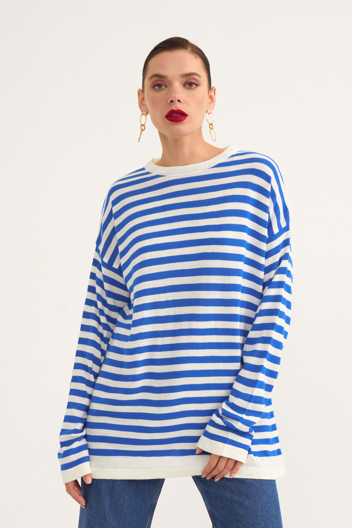Striped oversize knit sweater - SAX BLUE