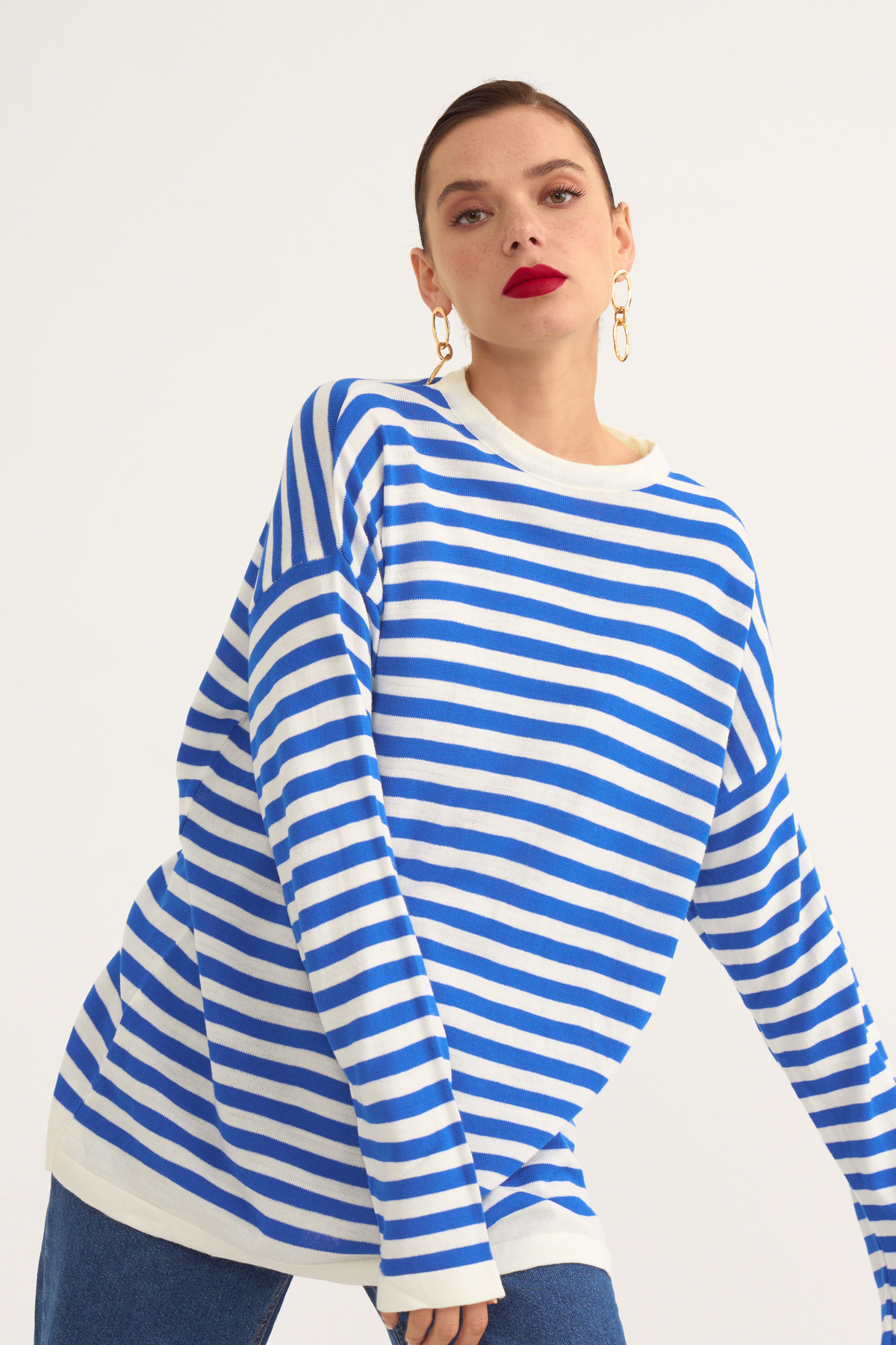 Striped oversize knit sweater - SAX BLUE