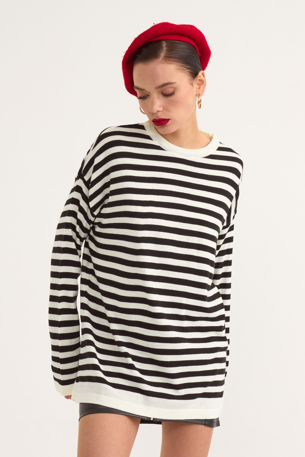Striped oversize knit sweater - BLACK