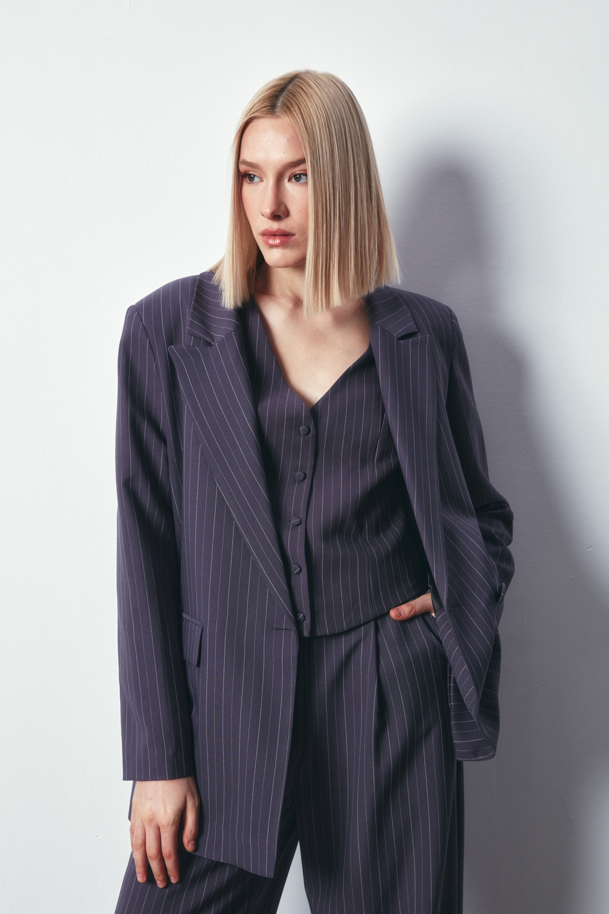 Çizgili Salaş Ceket - GRİ