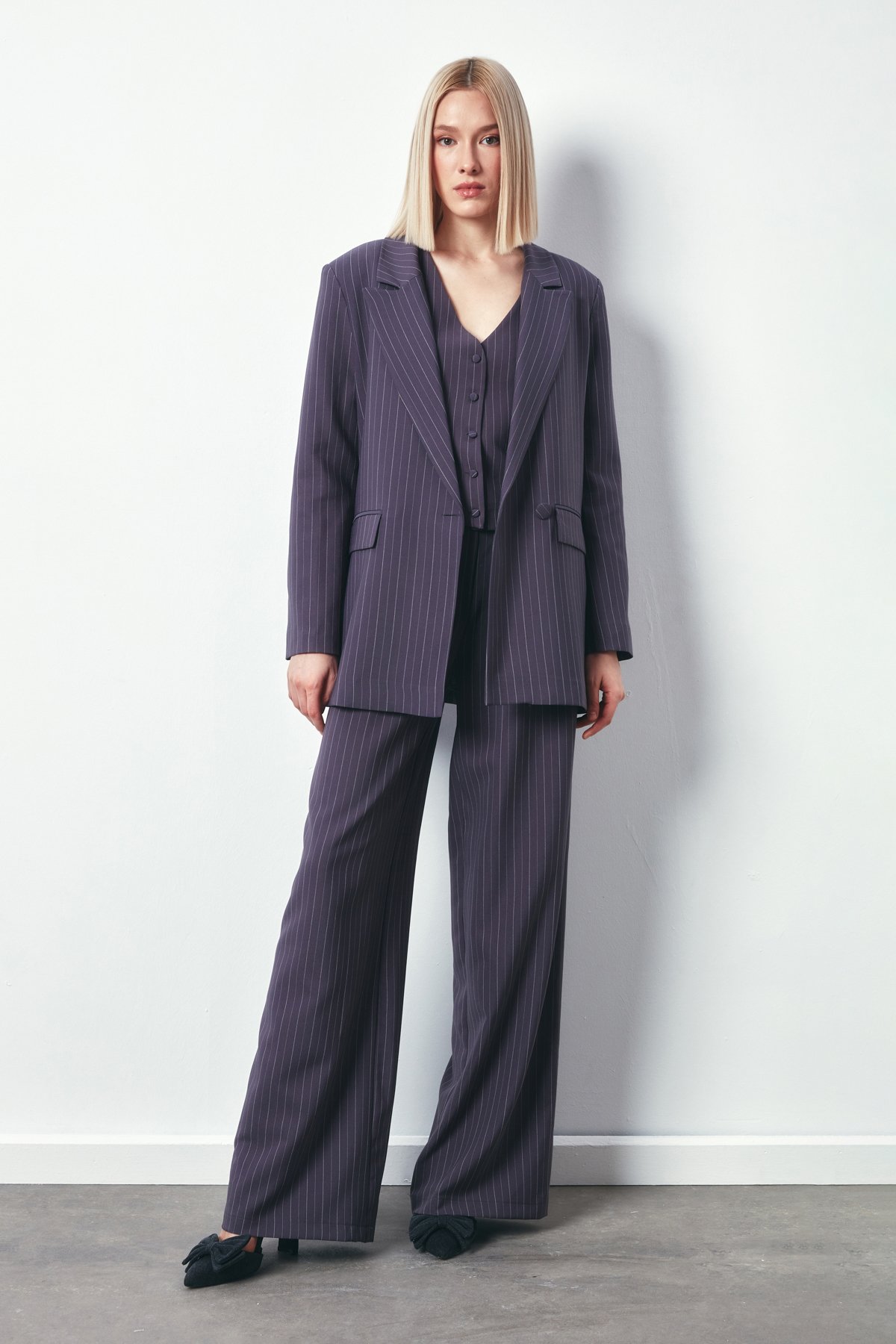 Çizgili Salaş Ceket - GRİ