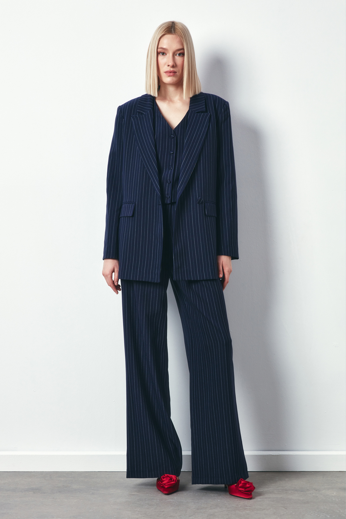 Çizgili Salaş Ceket - LACİVERT