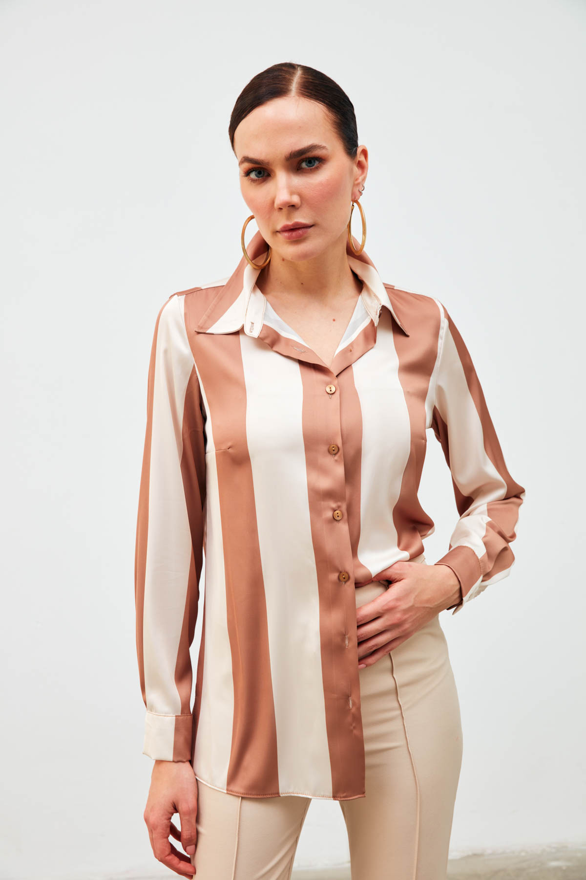 Çizgili Salaş Gömlek - CAMEL