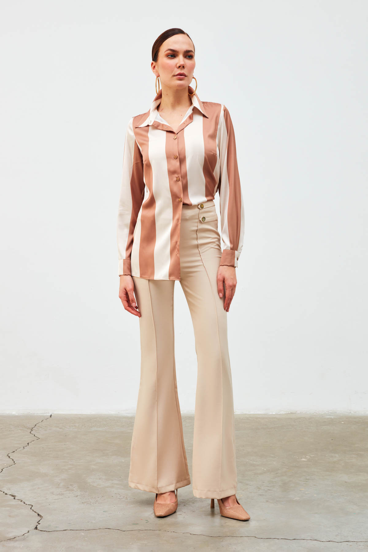 Çizgili Salaş Gömlek - CAMEL