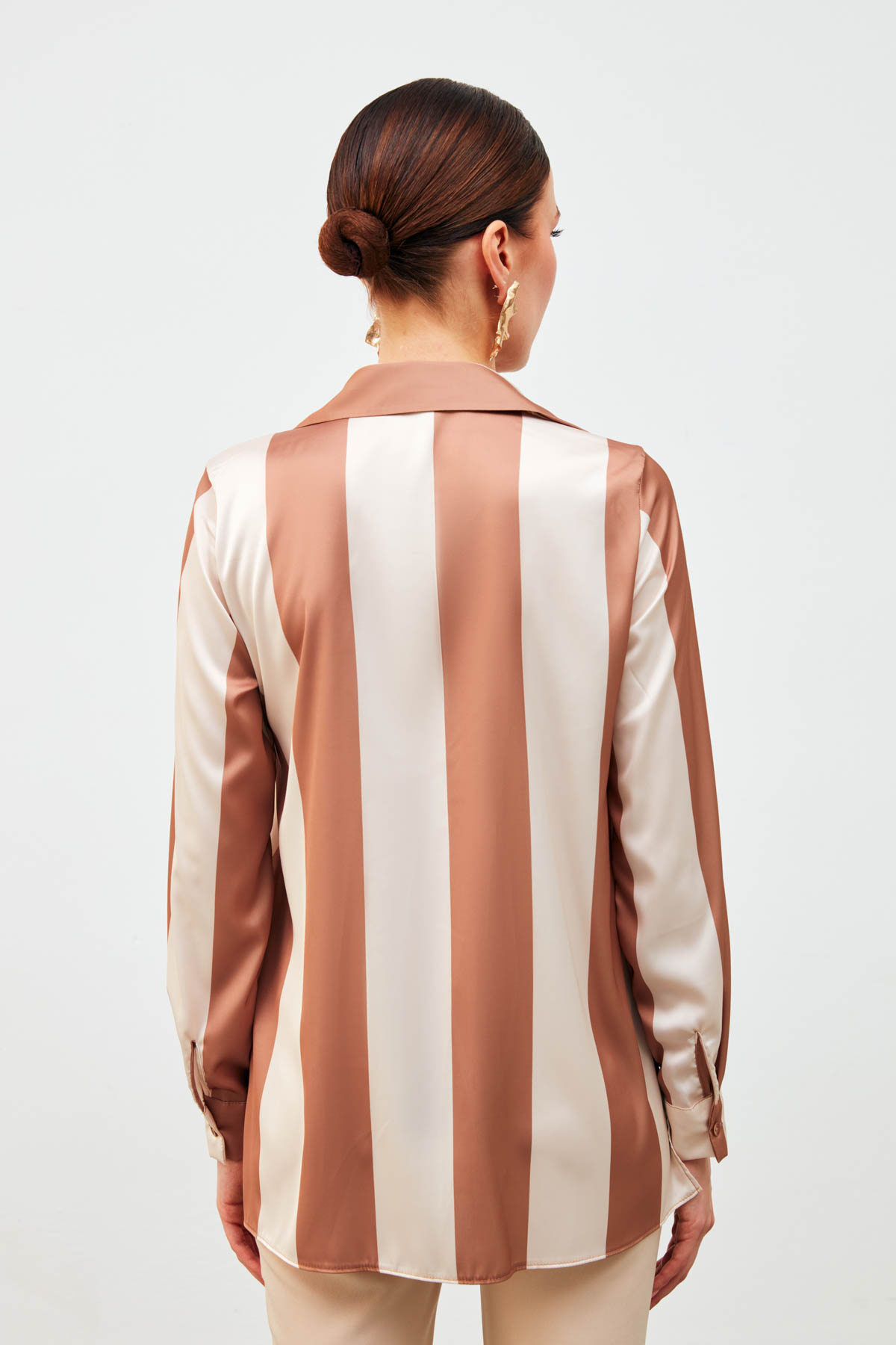 Çizgili Salaş Gömlek - CAMEL