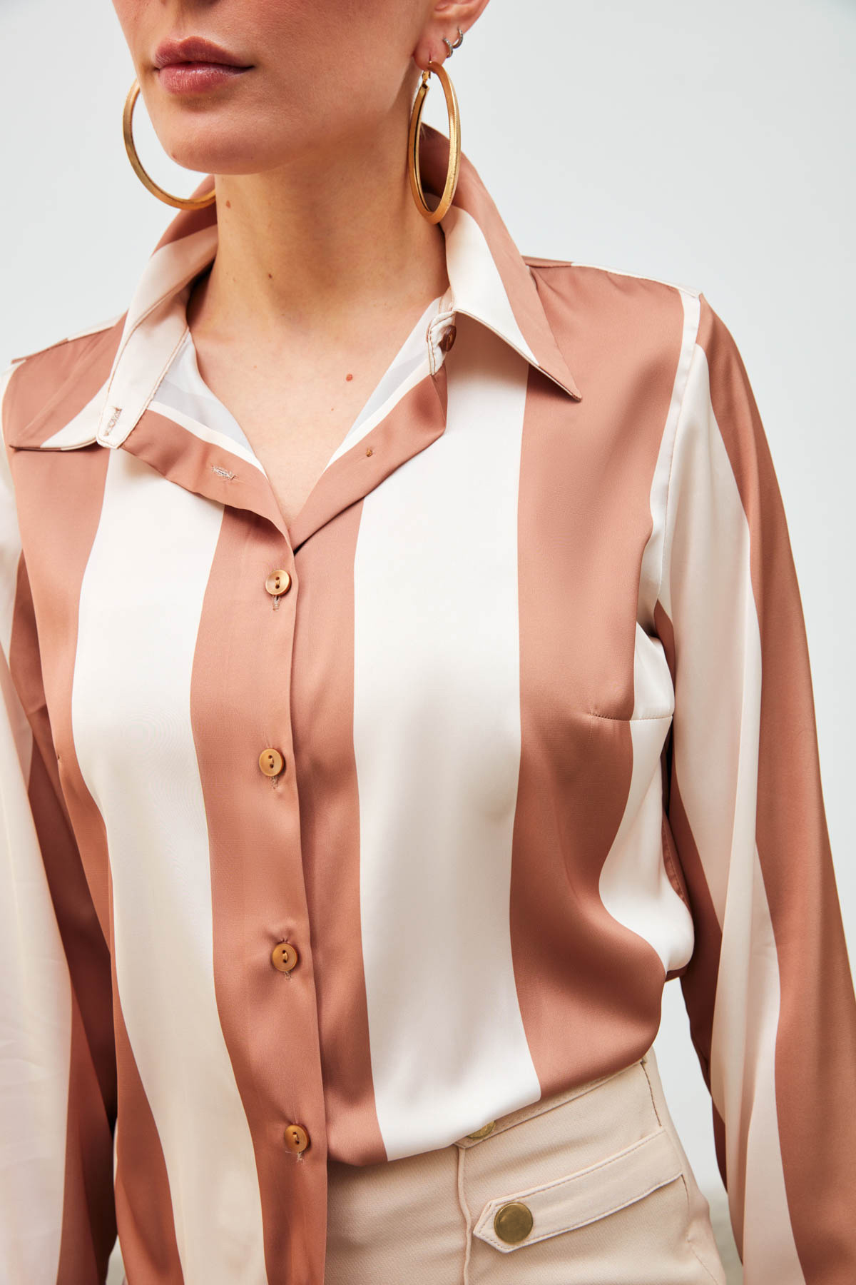 Çizgili Salaş Gömlek - CAMEL