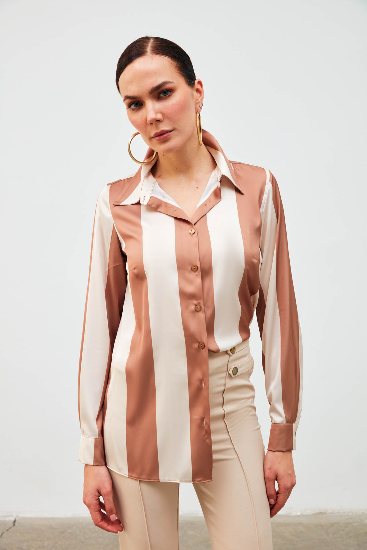 Çizgili Salaş Gömlek - CAMEL