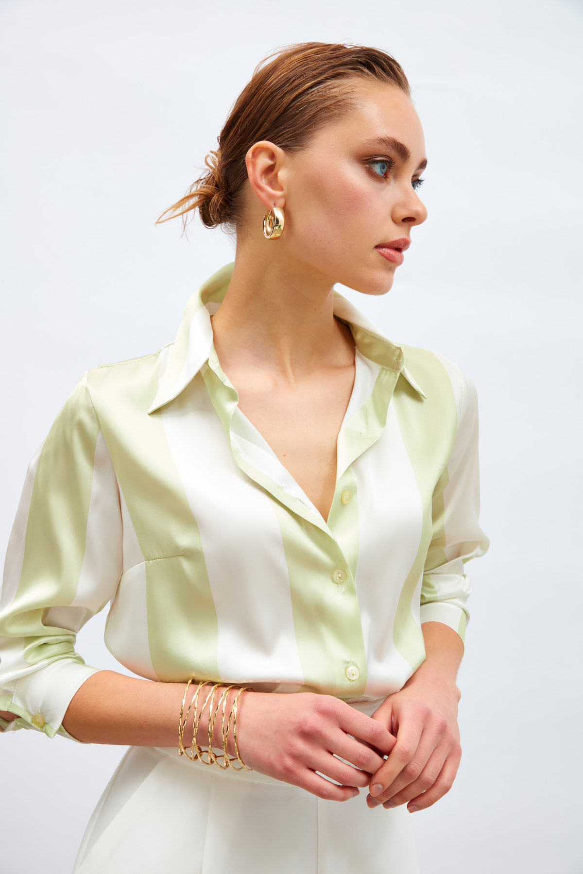 Çizgili Salaş Gömlek - HAKİ