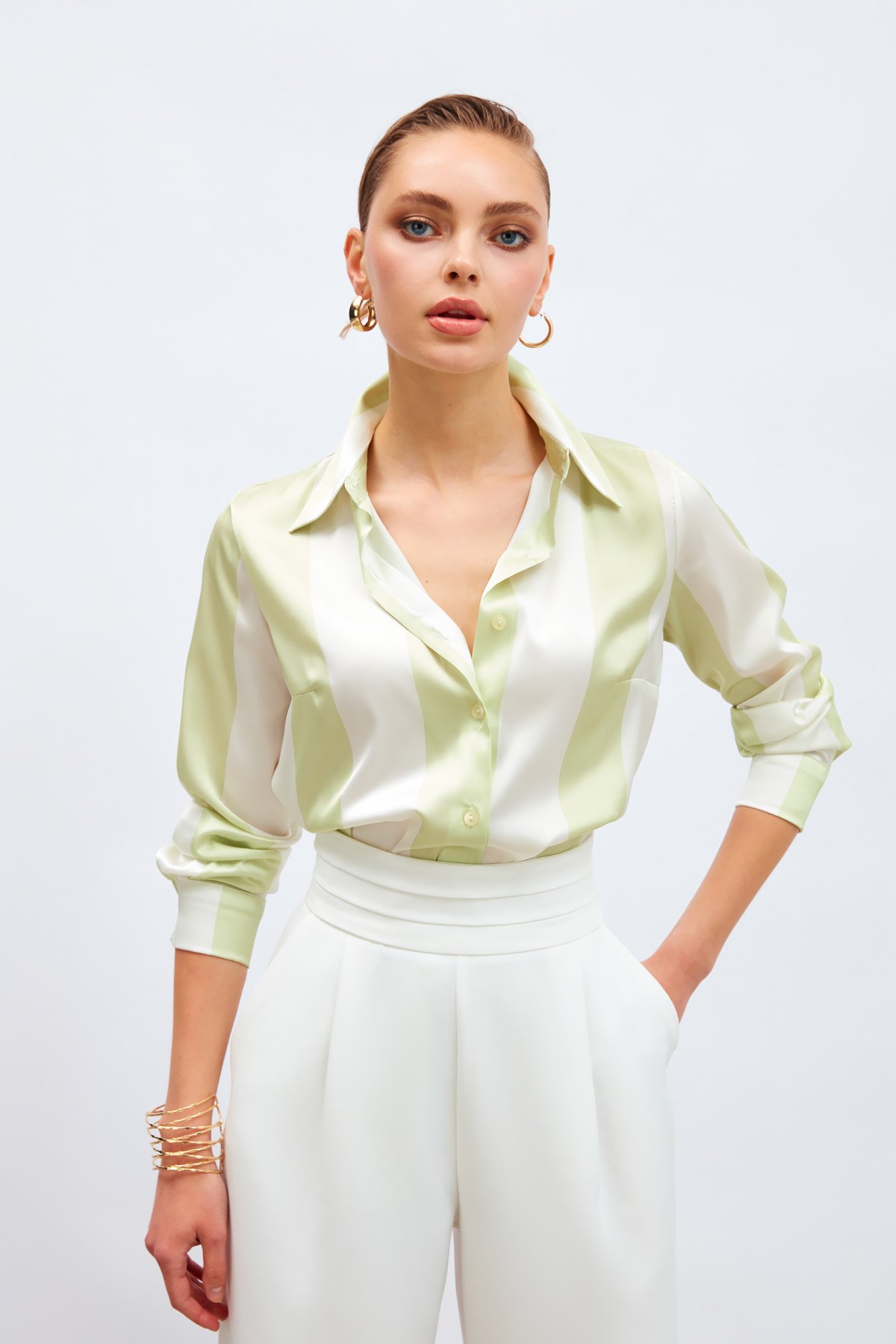 Çizgili Salaş Gömlek - HAKİ