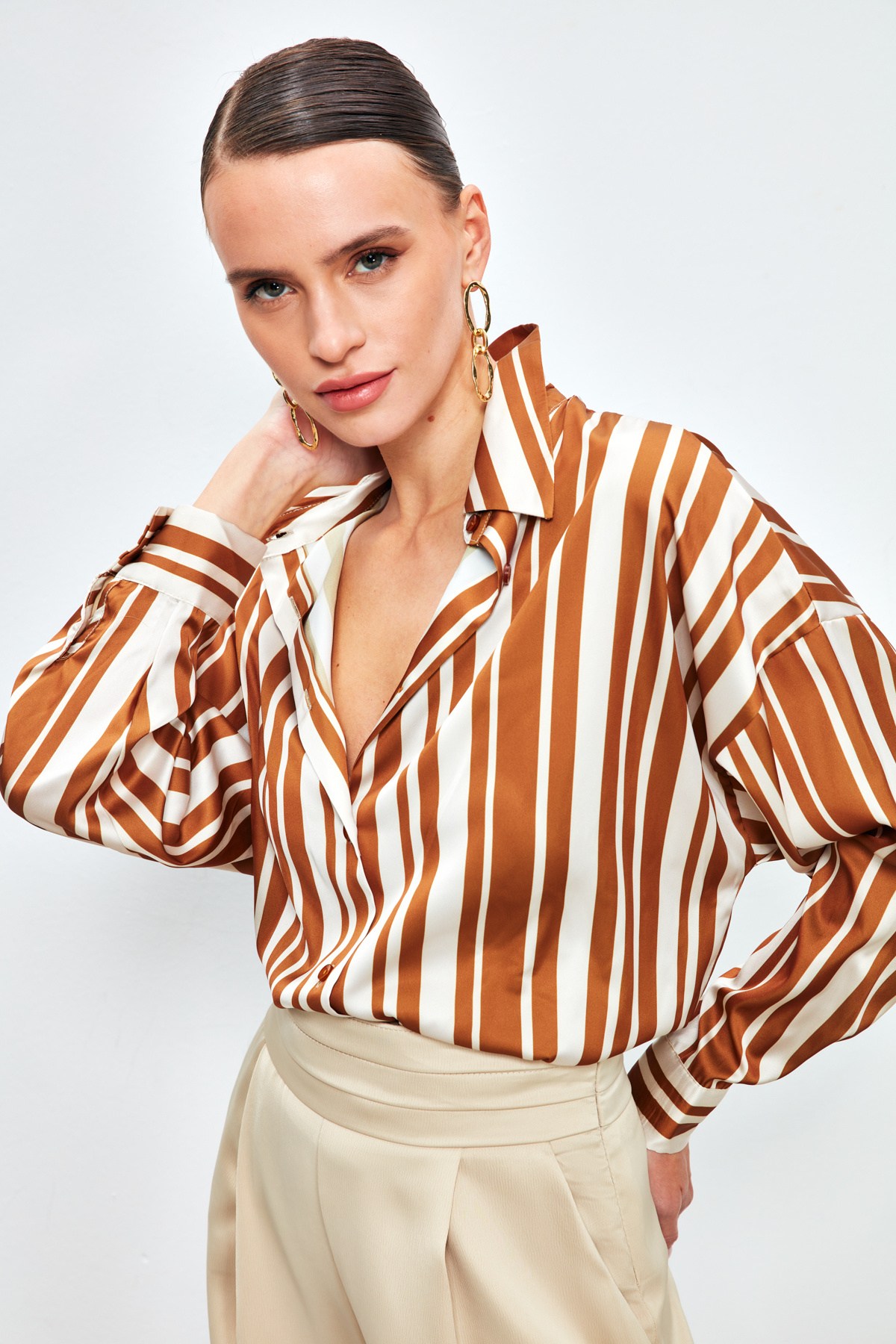 Çizgili Salaş Gömlek - KAHVE