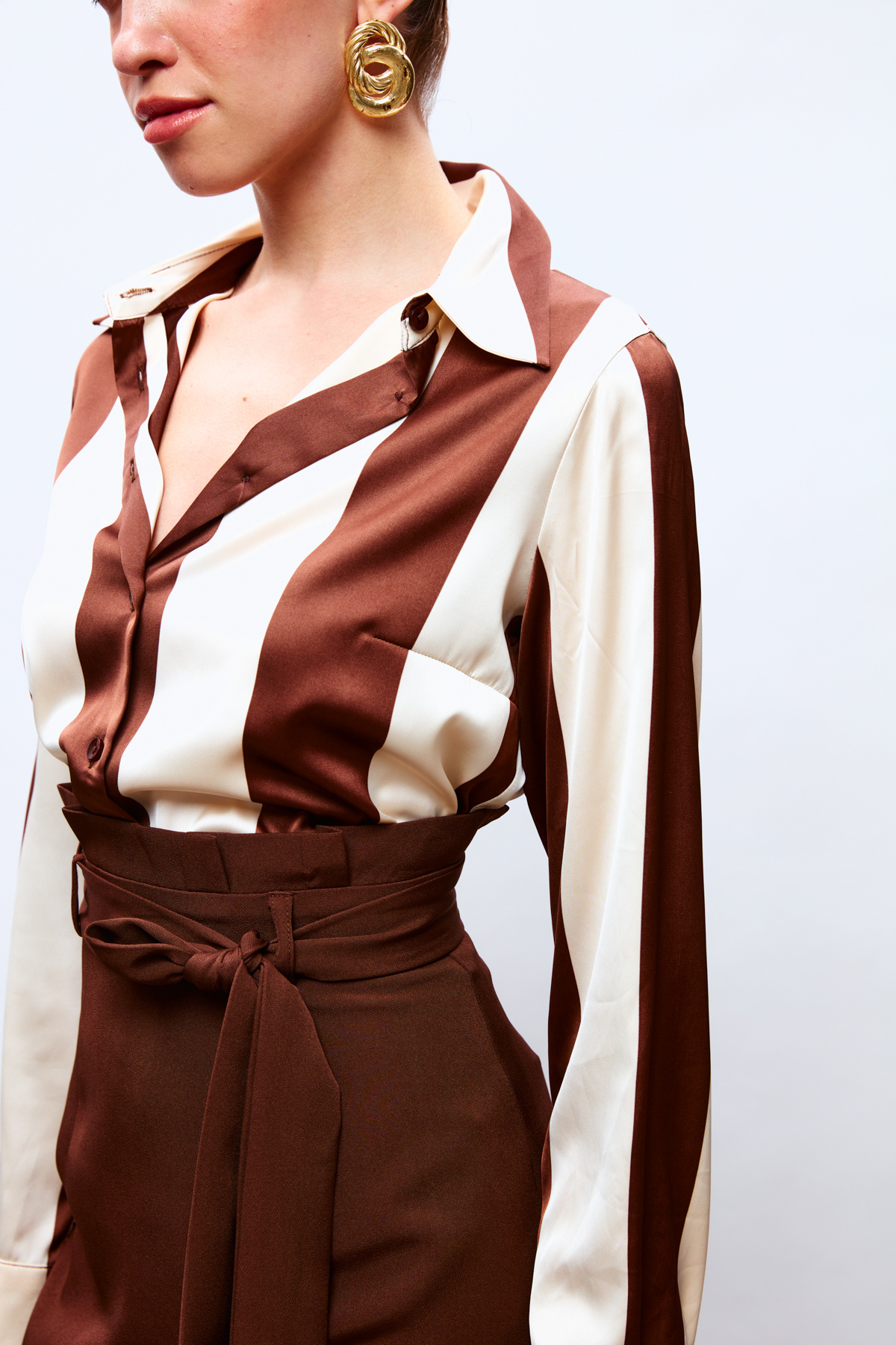 Çizgili Salaş Gömlek - KAHVE