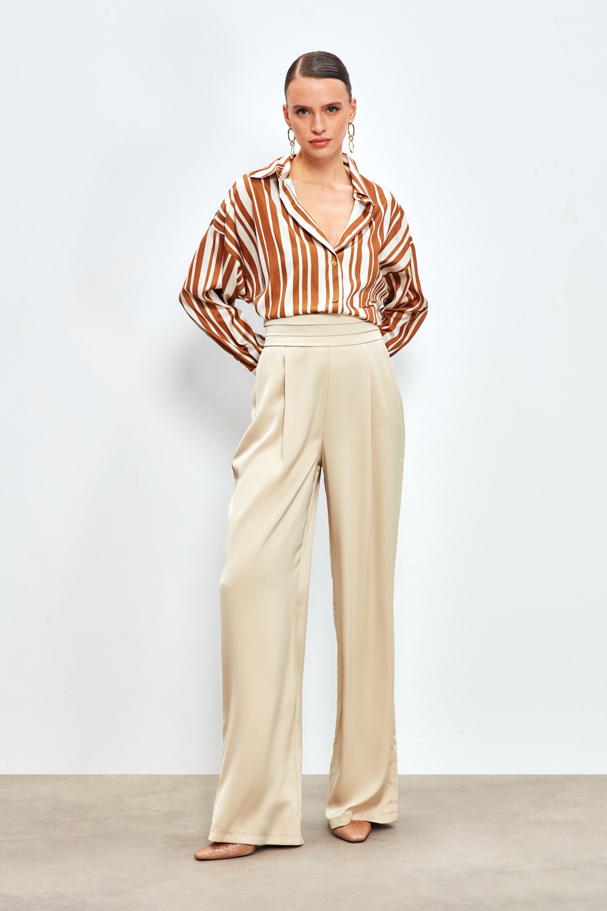 Çizgili Salaş Gömlek - KAHVE