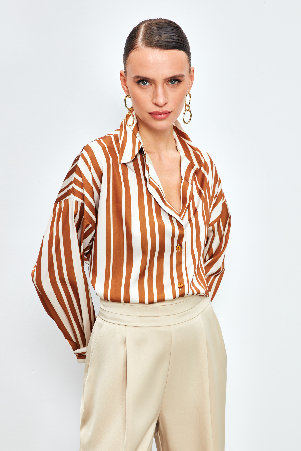 Çizgili Salaş Gömlek - KAHVE