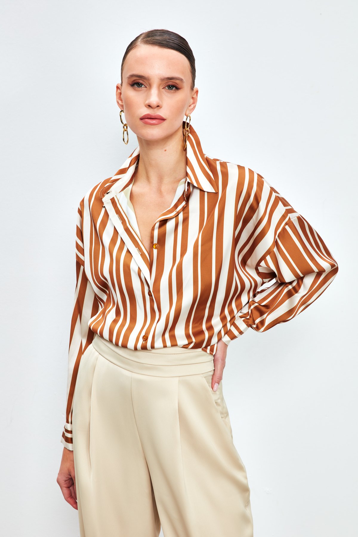 Çizgili Salaş Gömlek - KAHVE