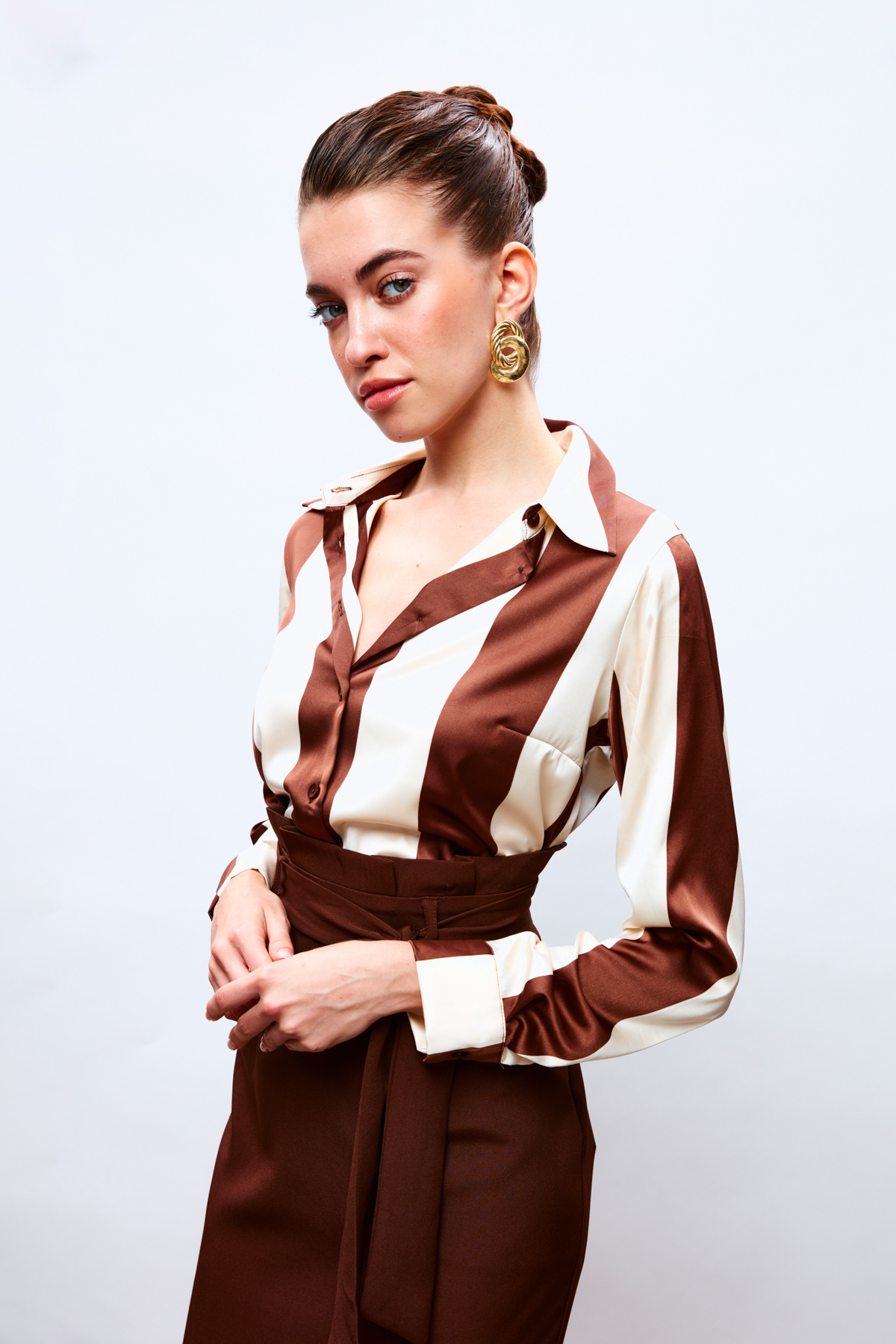 Çizgili Salaş Gömlek - KAHVE