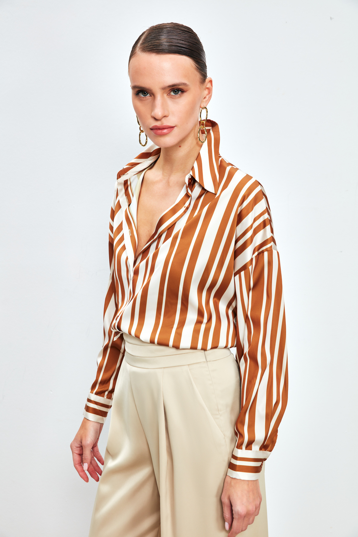 Çizgili Salaş Gömlek - KAHVE