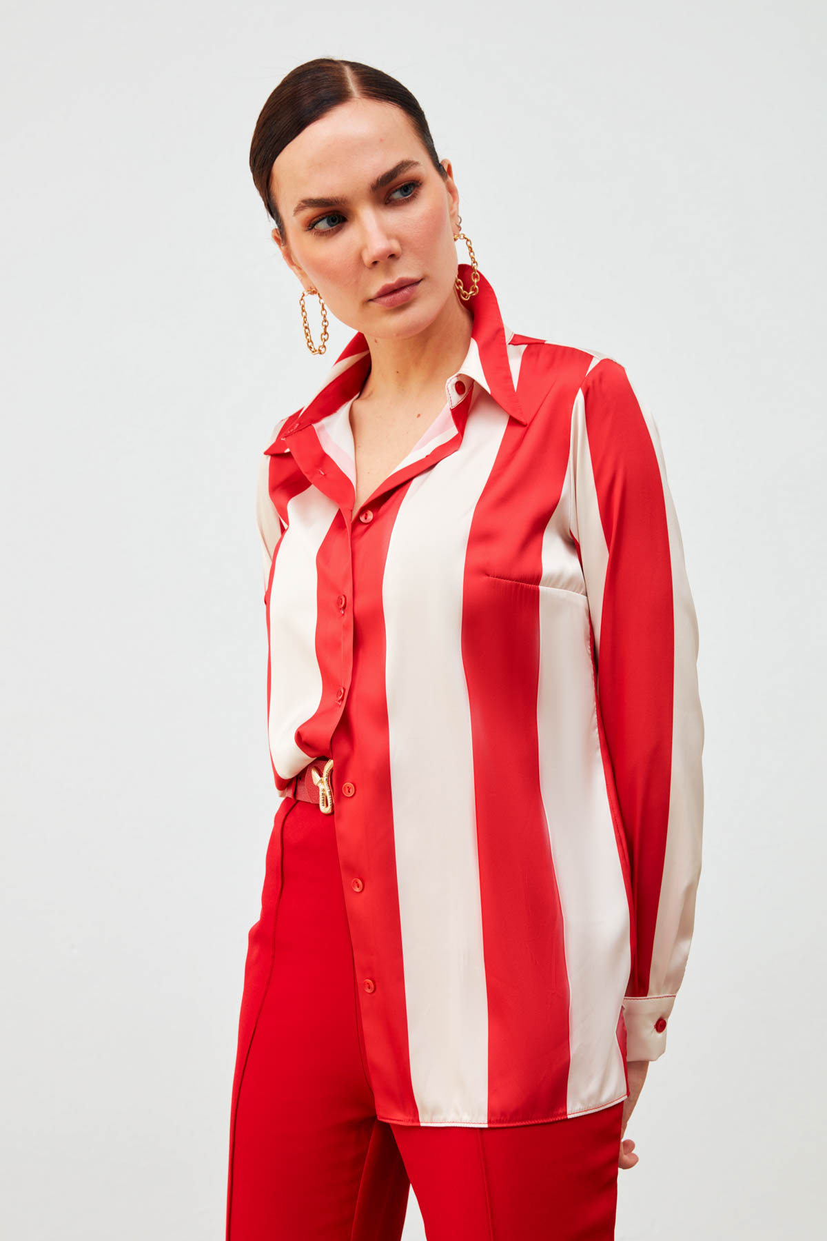 Çizgili Salaş Gömlek - KIRMIZI