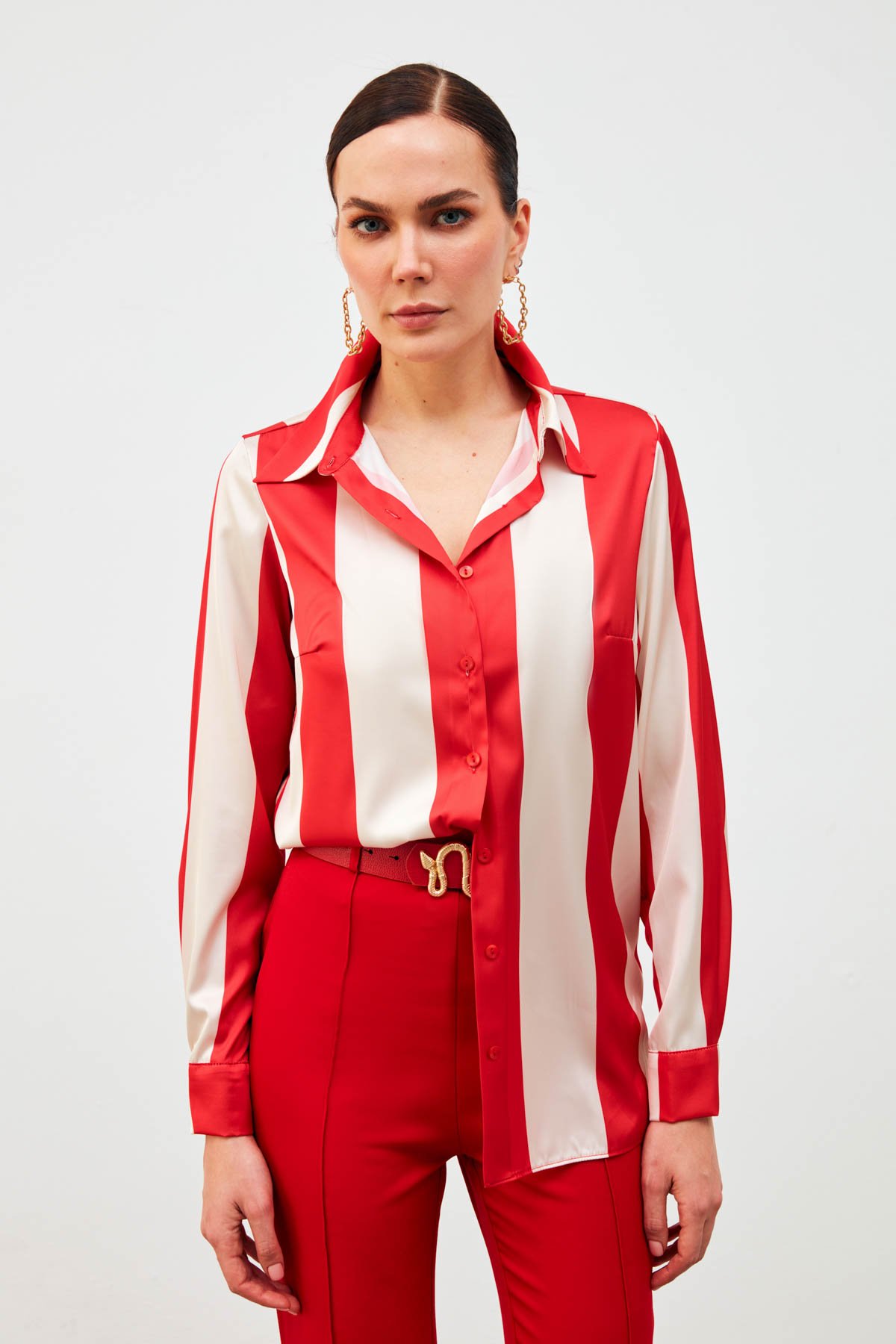 Çizgili Salaş Gömlek - KIRMIZI