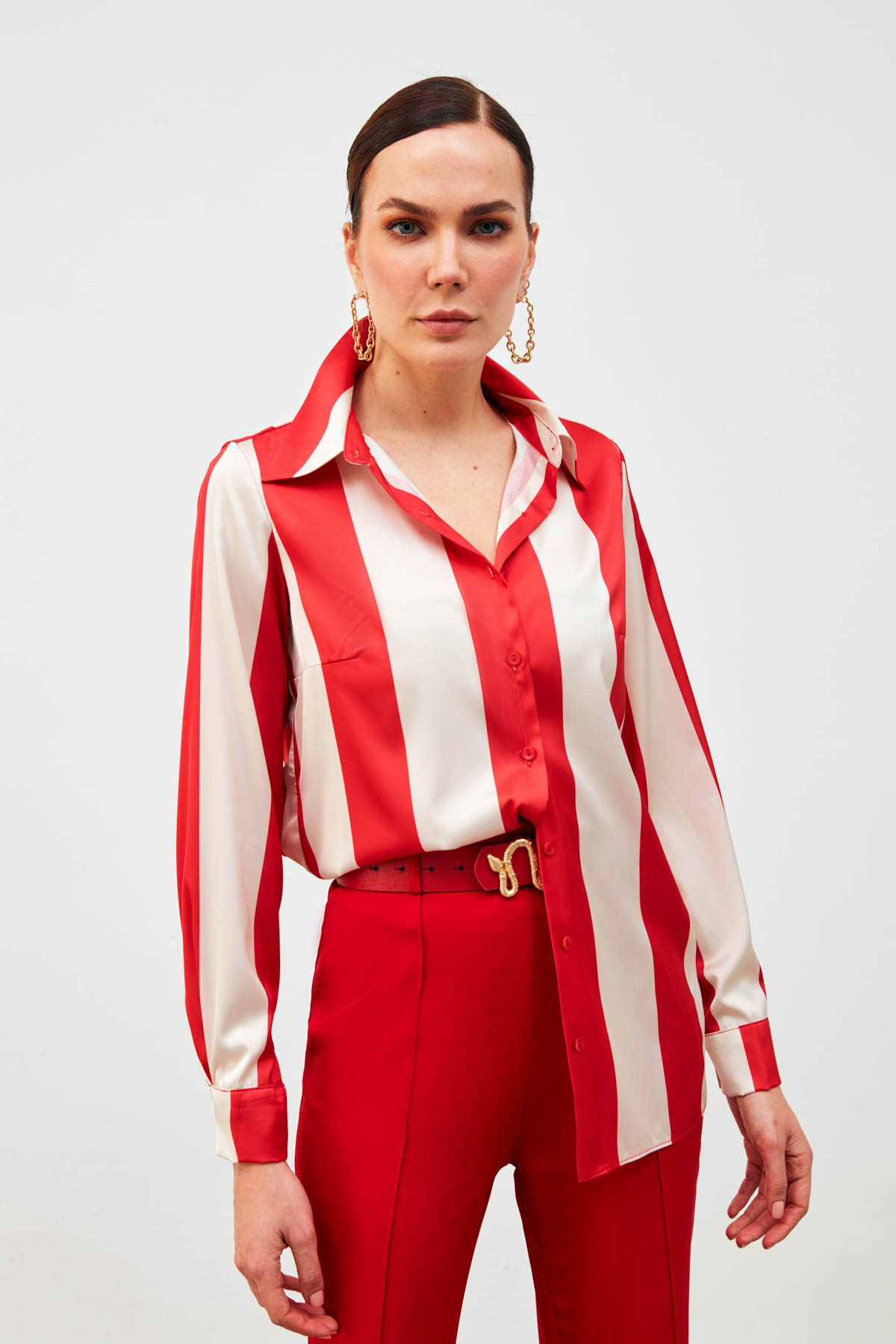 Çizgili Salaş Gömlek - KIRMIZI