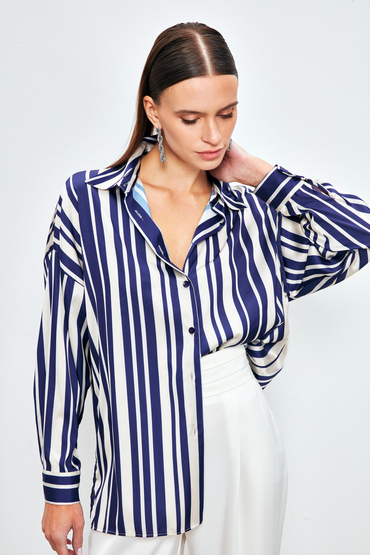 Çizgili Salaş Gömlek - LACİVERT