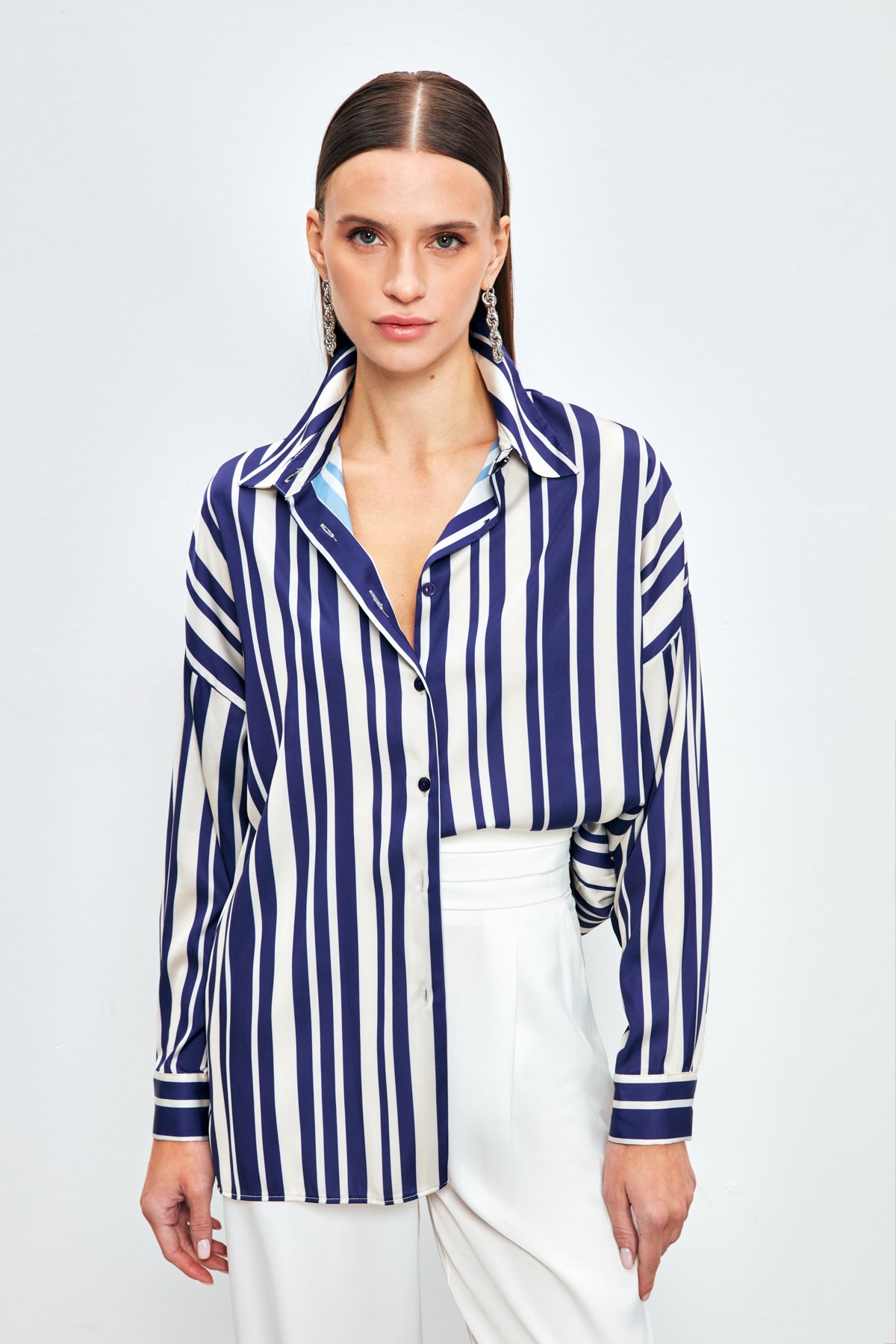Çizgili Salaş Gömlek - LACİVERT