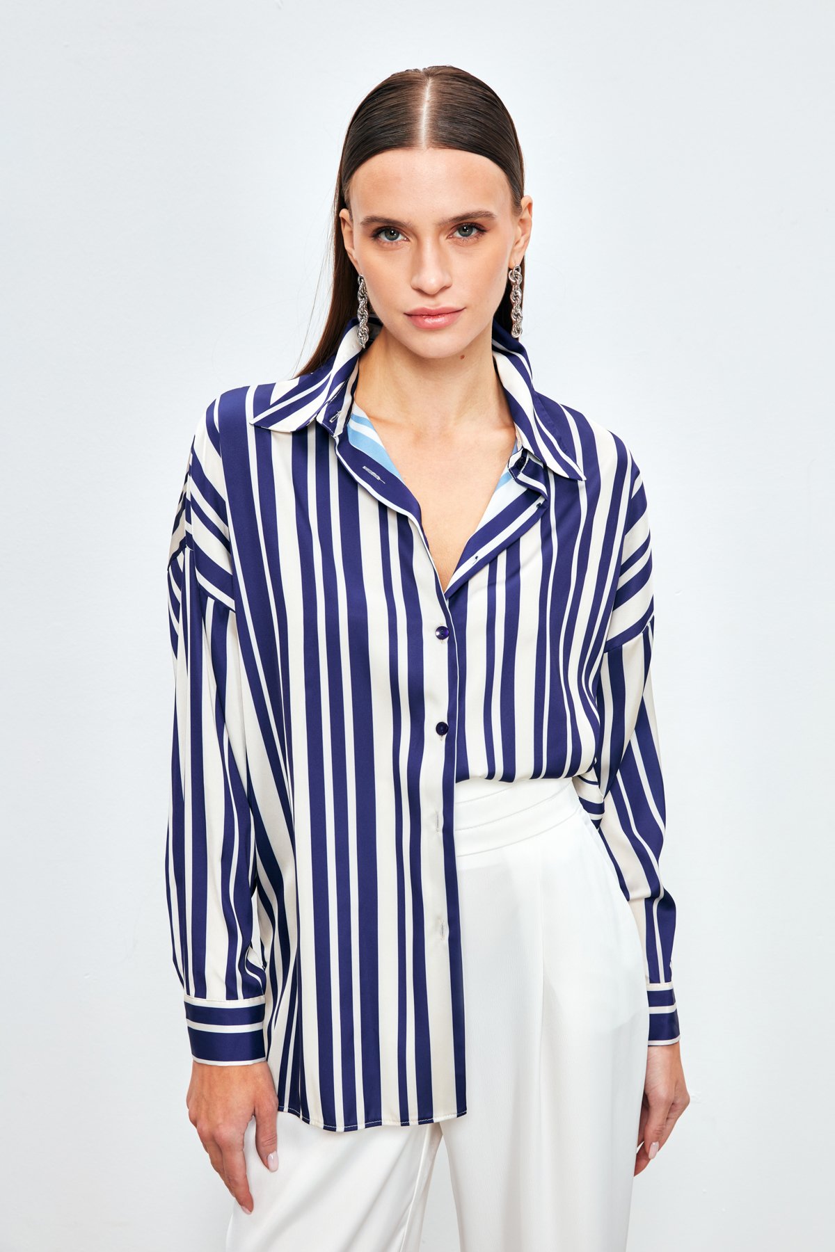 Çizgili Salaş Gömlek - LACİVERT