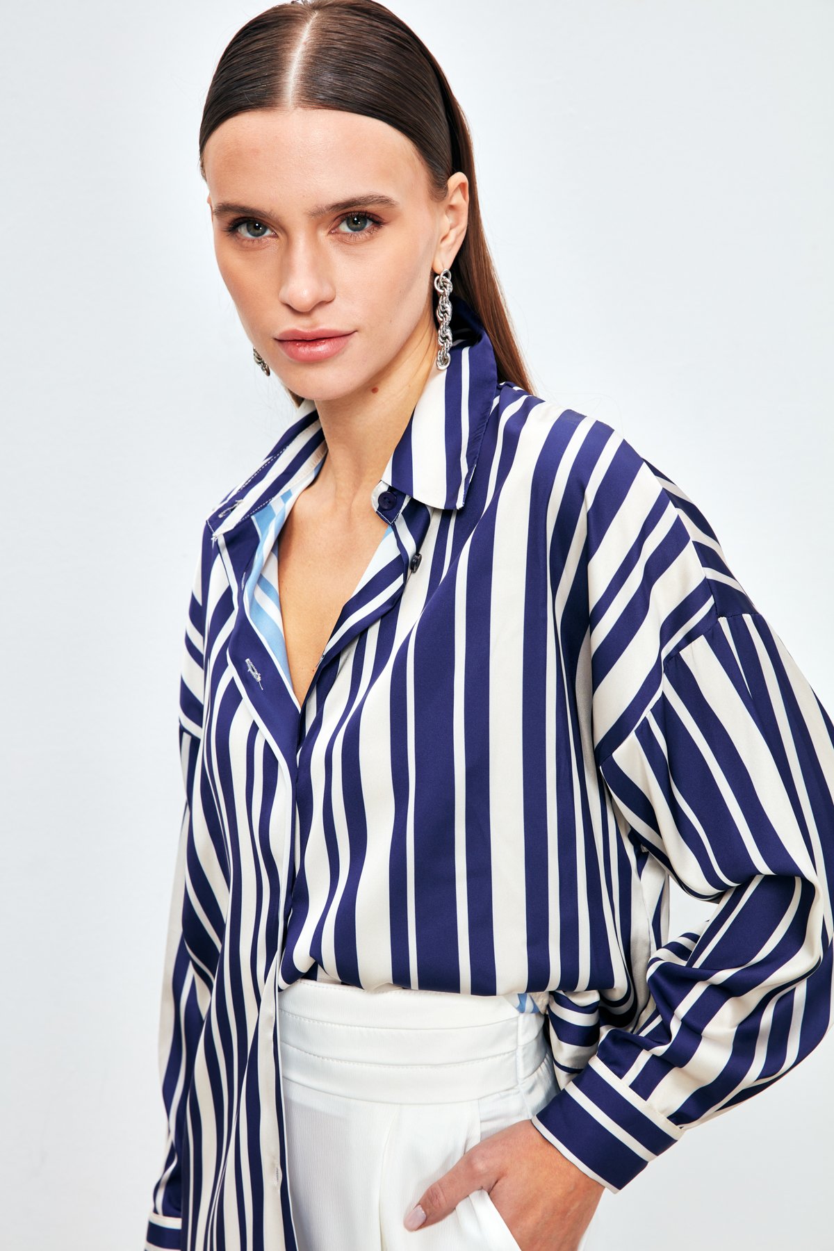 Çizgili Salaş Gömlek - LACİVERT