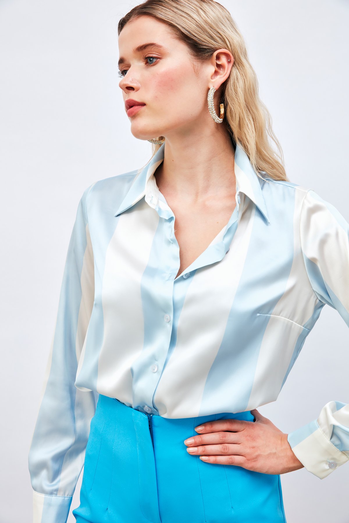 Çizgili Salaş Gömlek - MAVİ