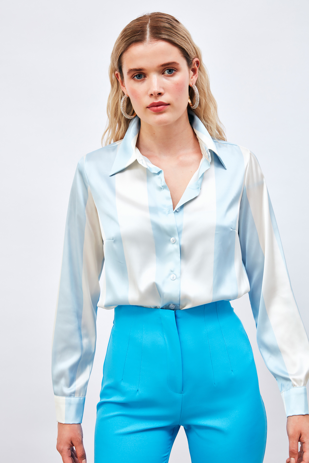 Çizgili Salaş Gömlek - MAVİ