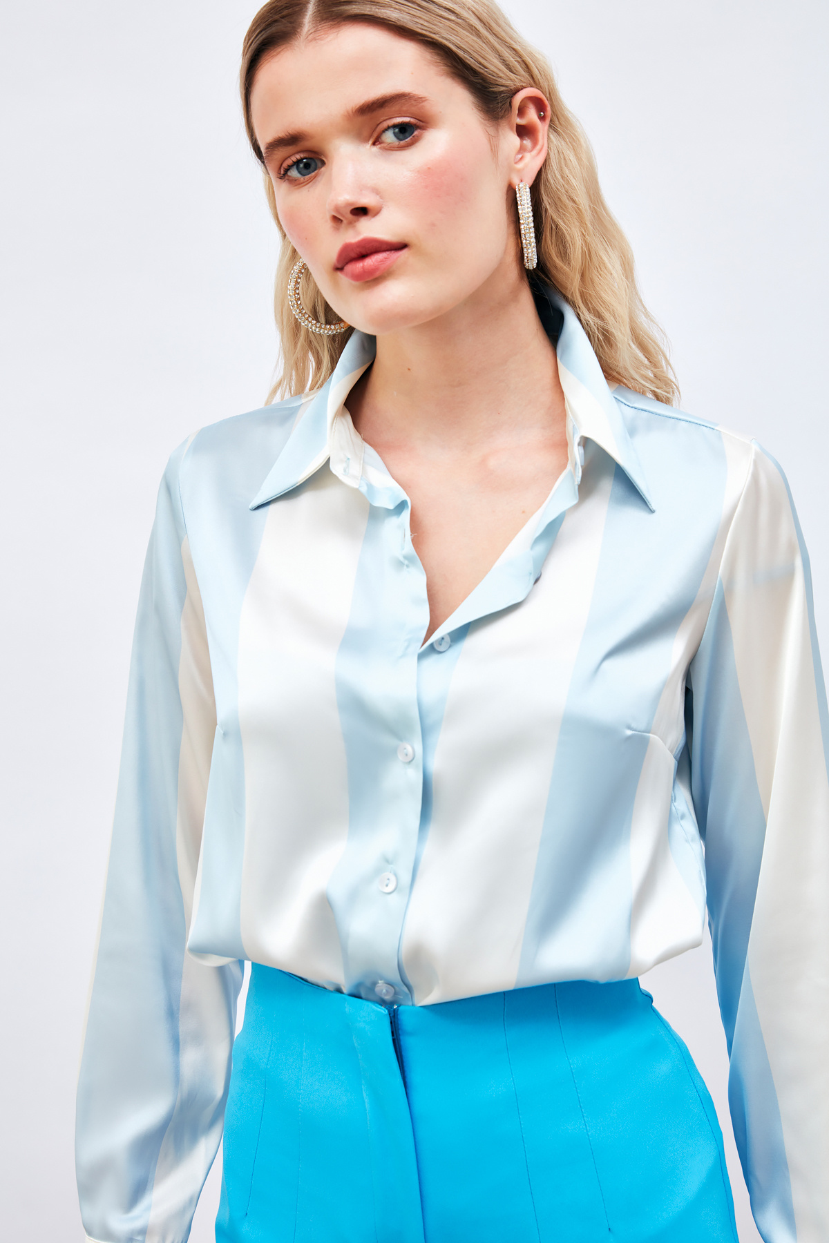 Çizgili Salaş Gömlek - MAVİ