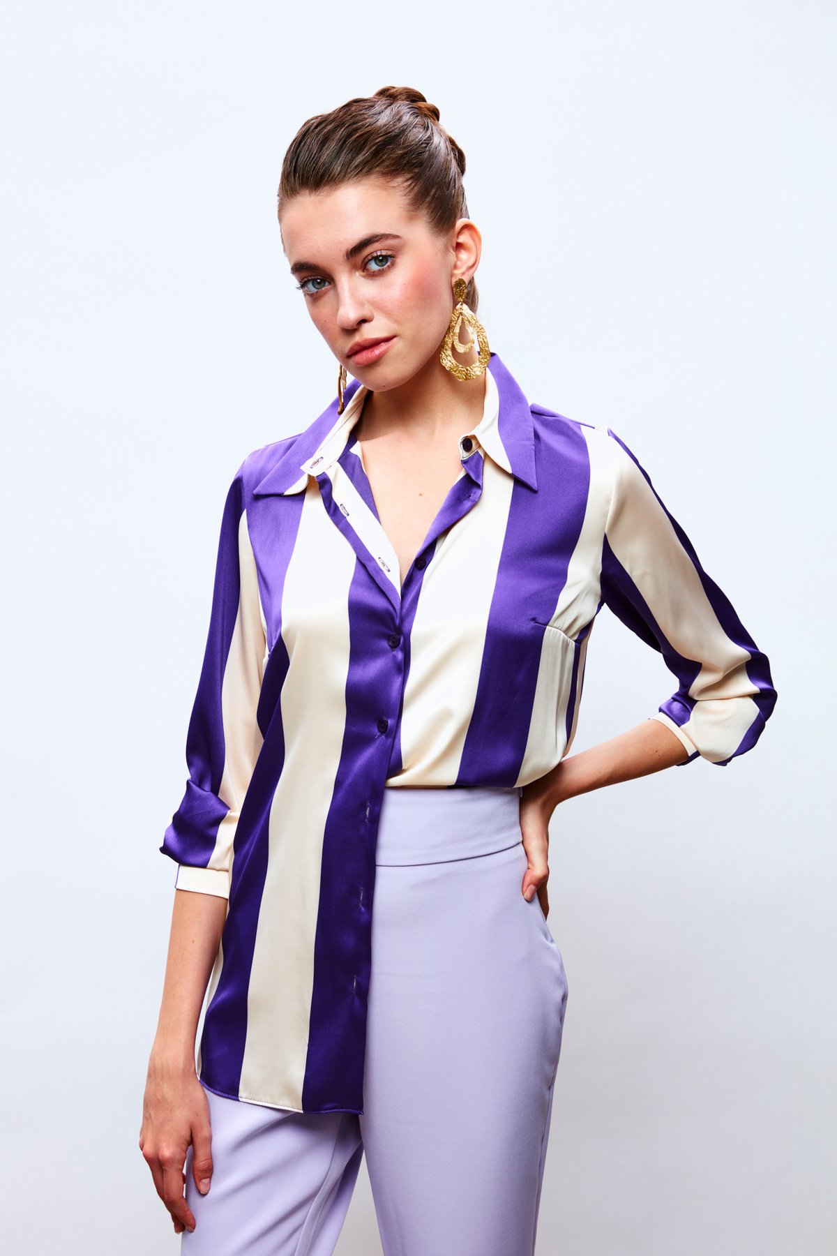 Çizgili Salaş Gömlek - MOR