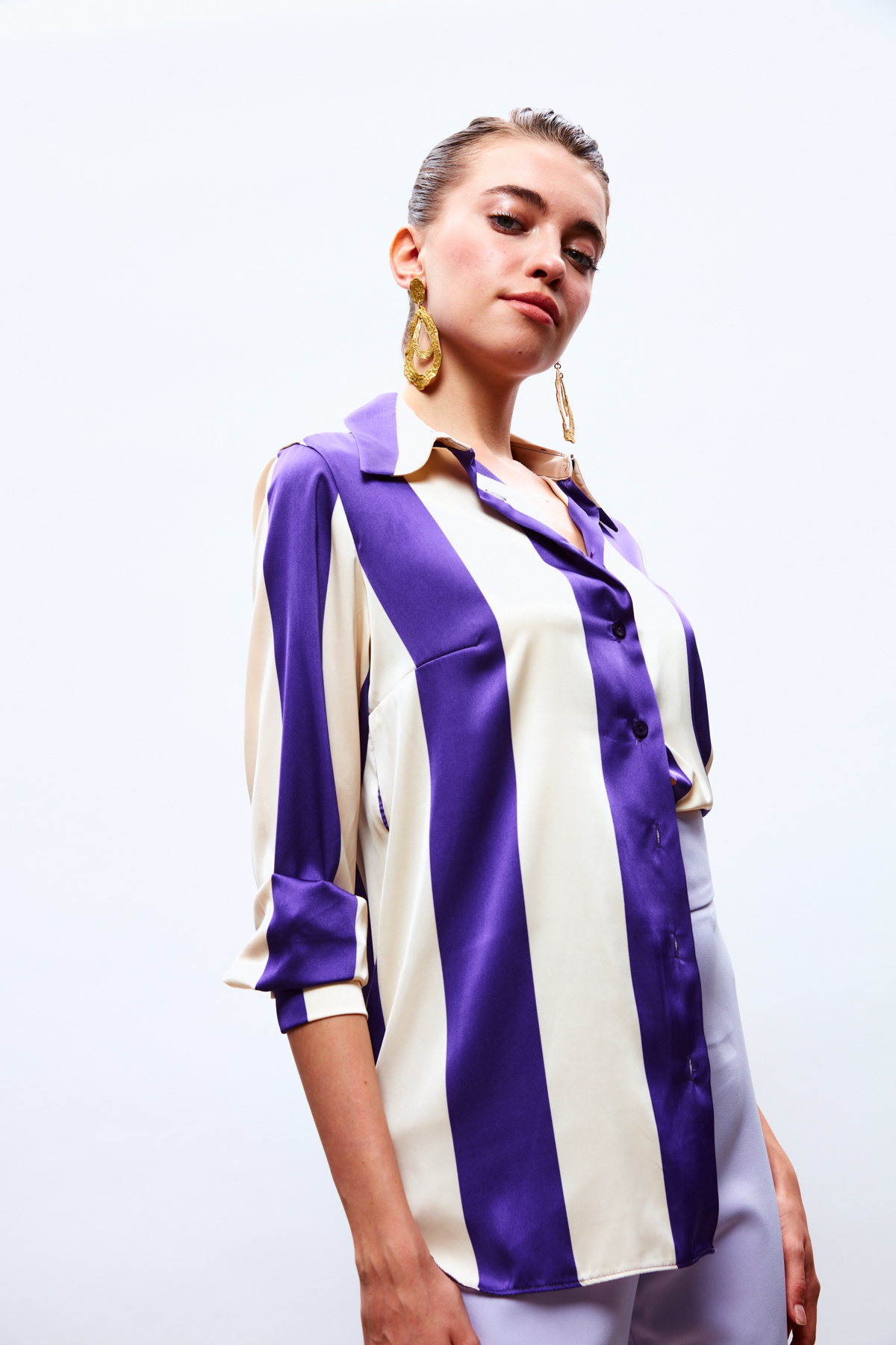 Çizgili Salaş Gömlek - MOR