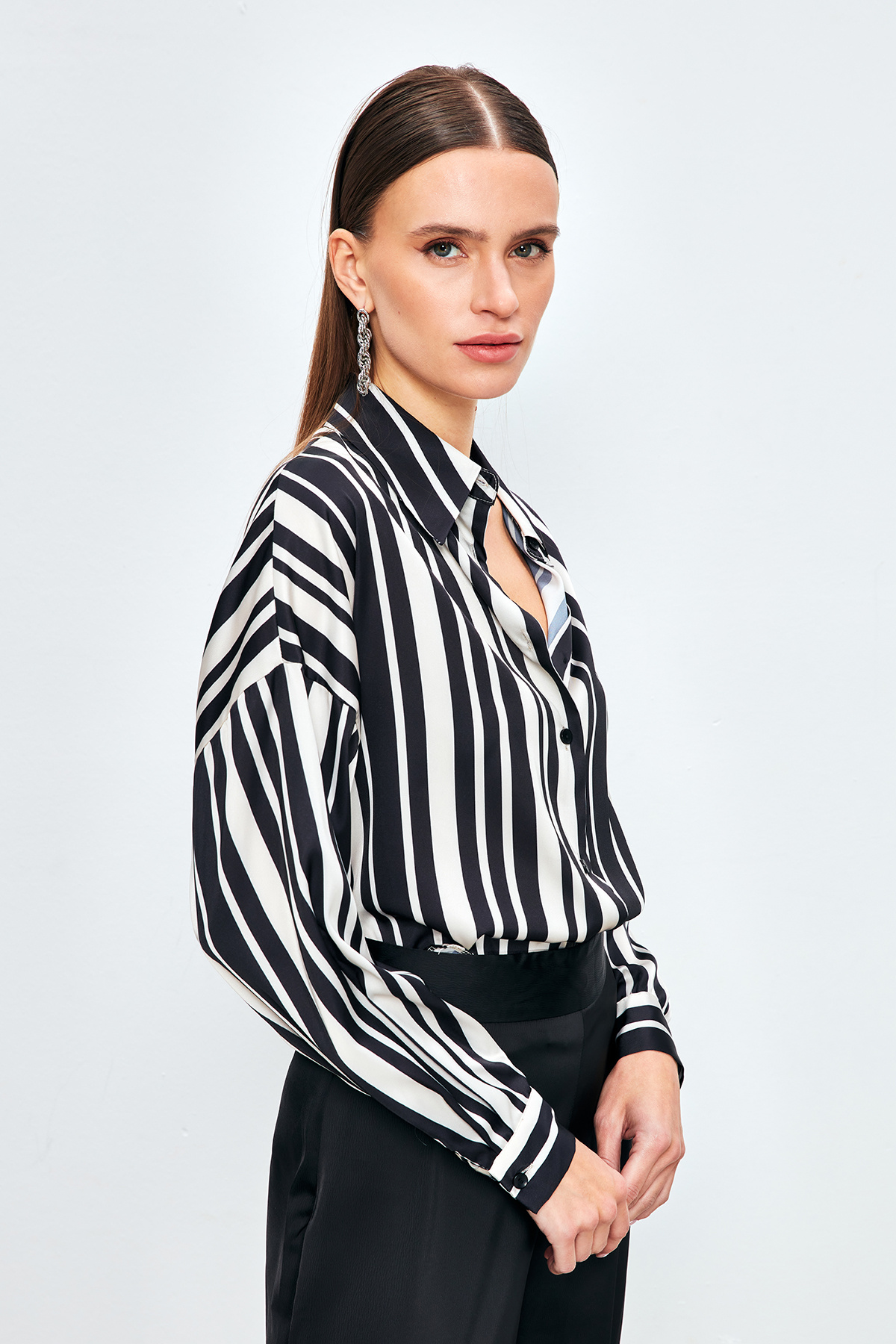 Çizgili Salaş Gömlek - SİYAH