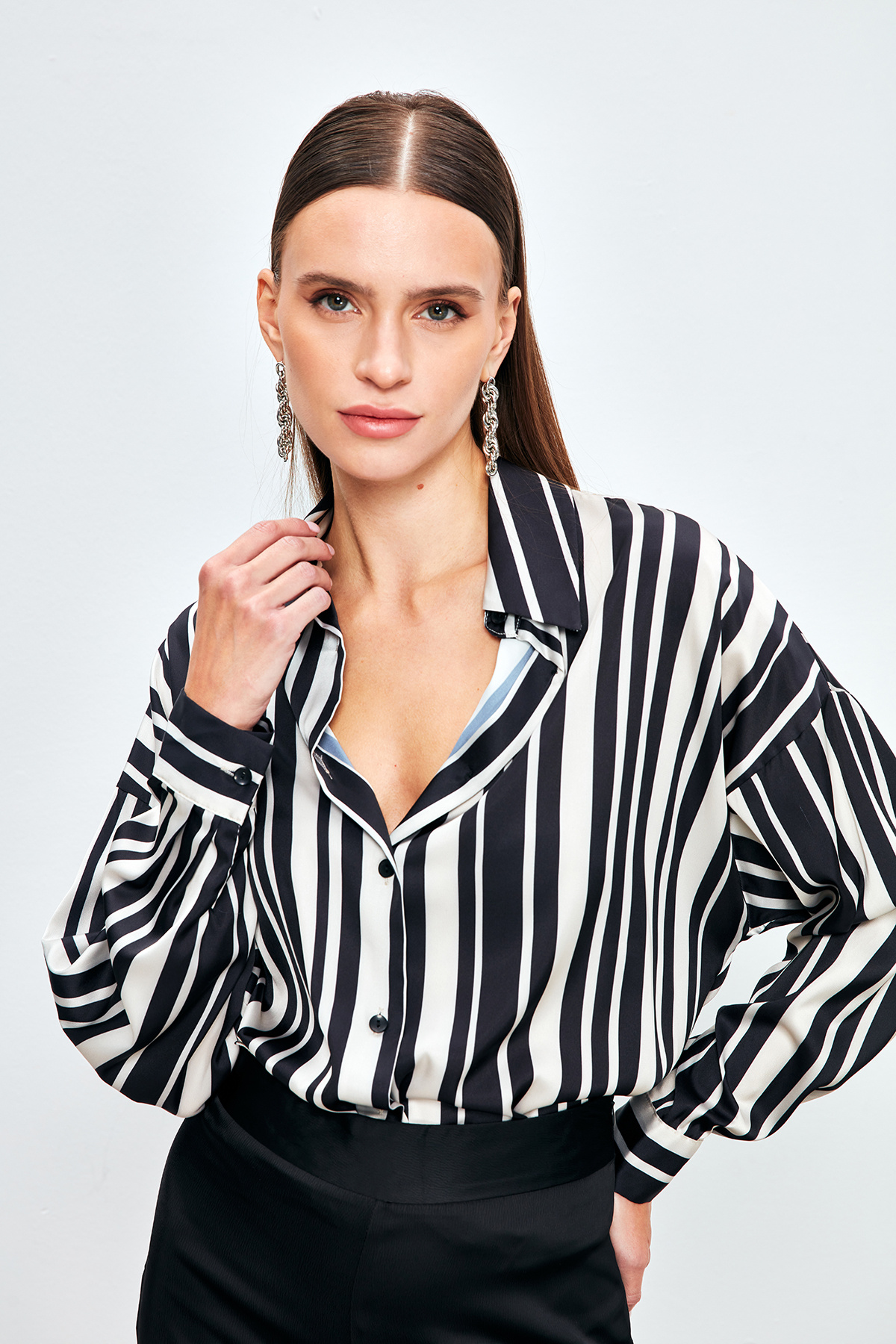 Çizgili Salaş Gömlek - SİYAH