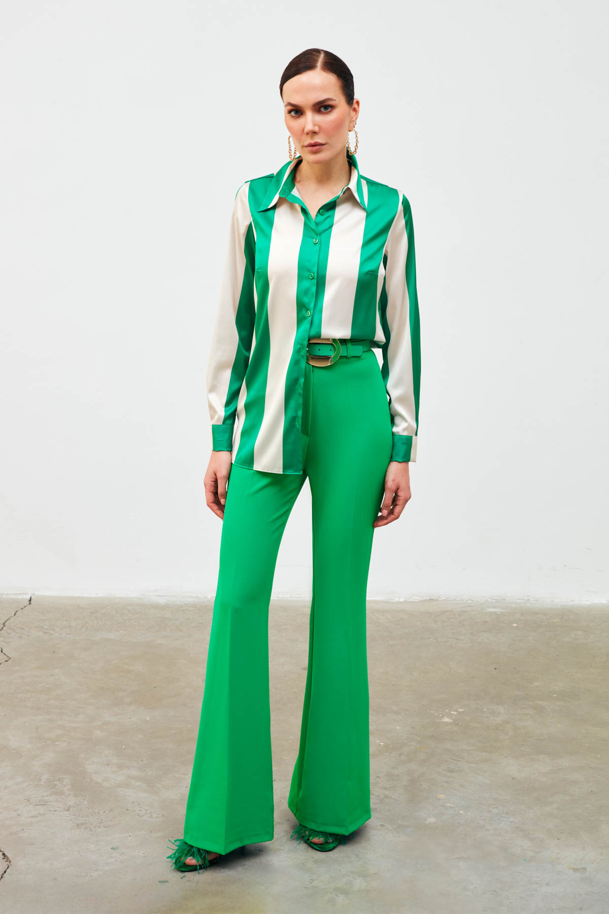 Çizgili Salaş Gömlek - YEŞİL