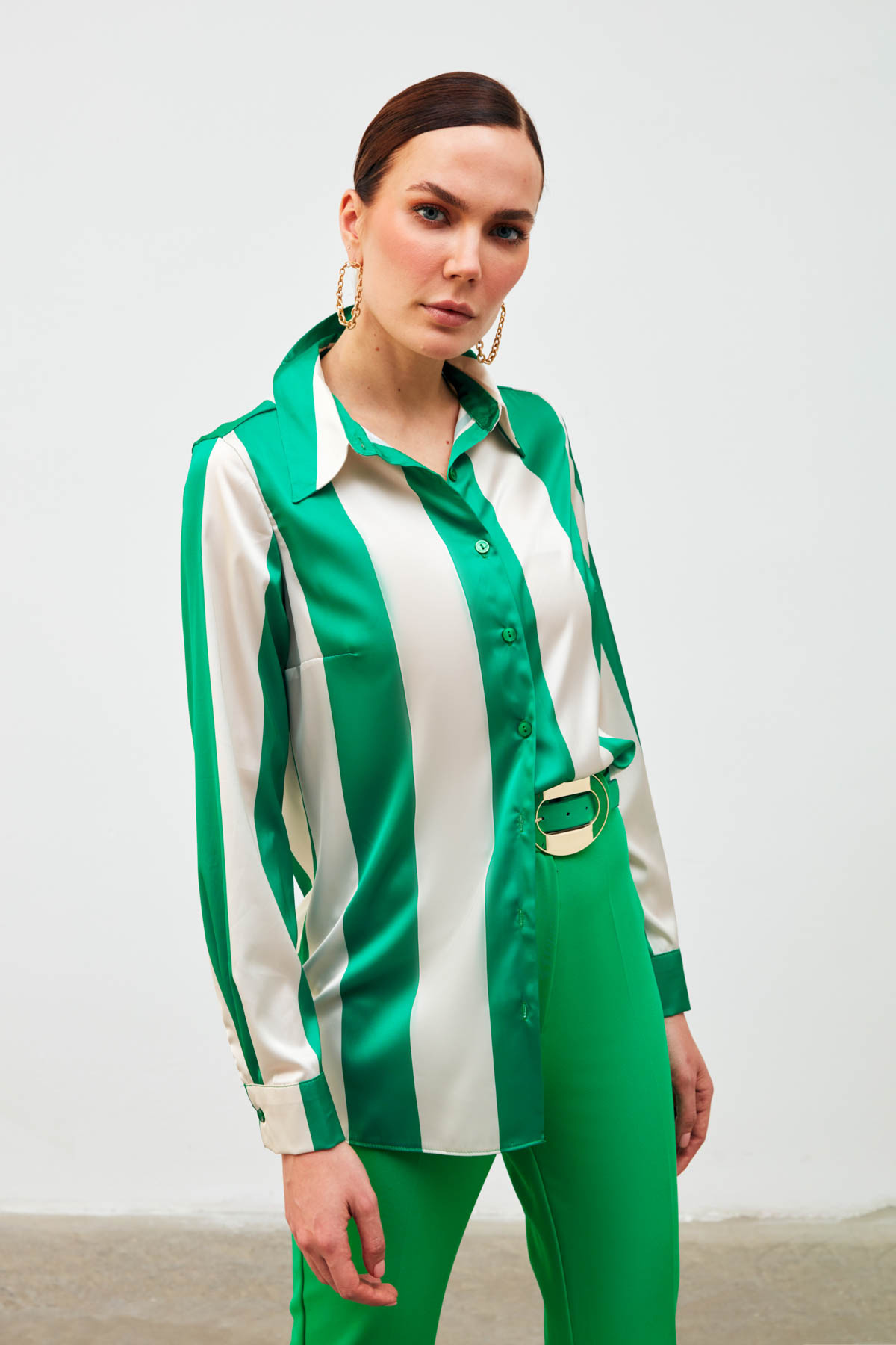 Çizgili Salaş Gömlek - YEŞİL