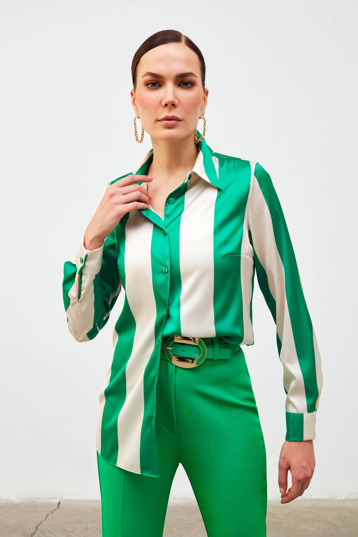 Çizgili Salaş Gömlek - YEŞİL