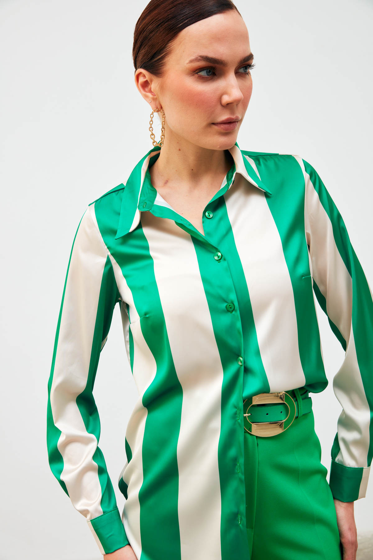Çizgili Salaş Gömlek - YEŞİL