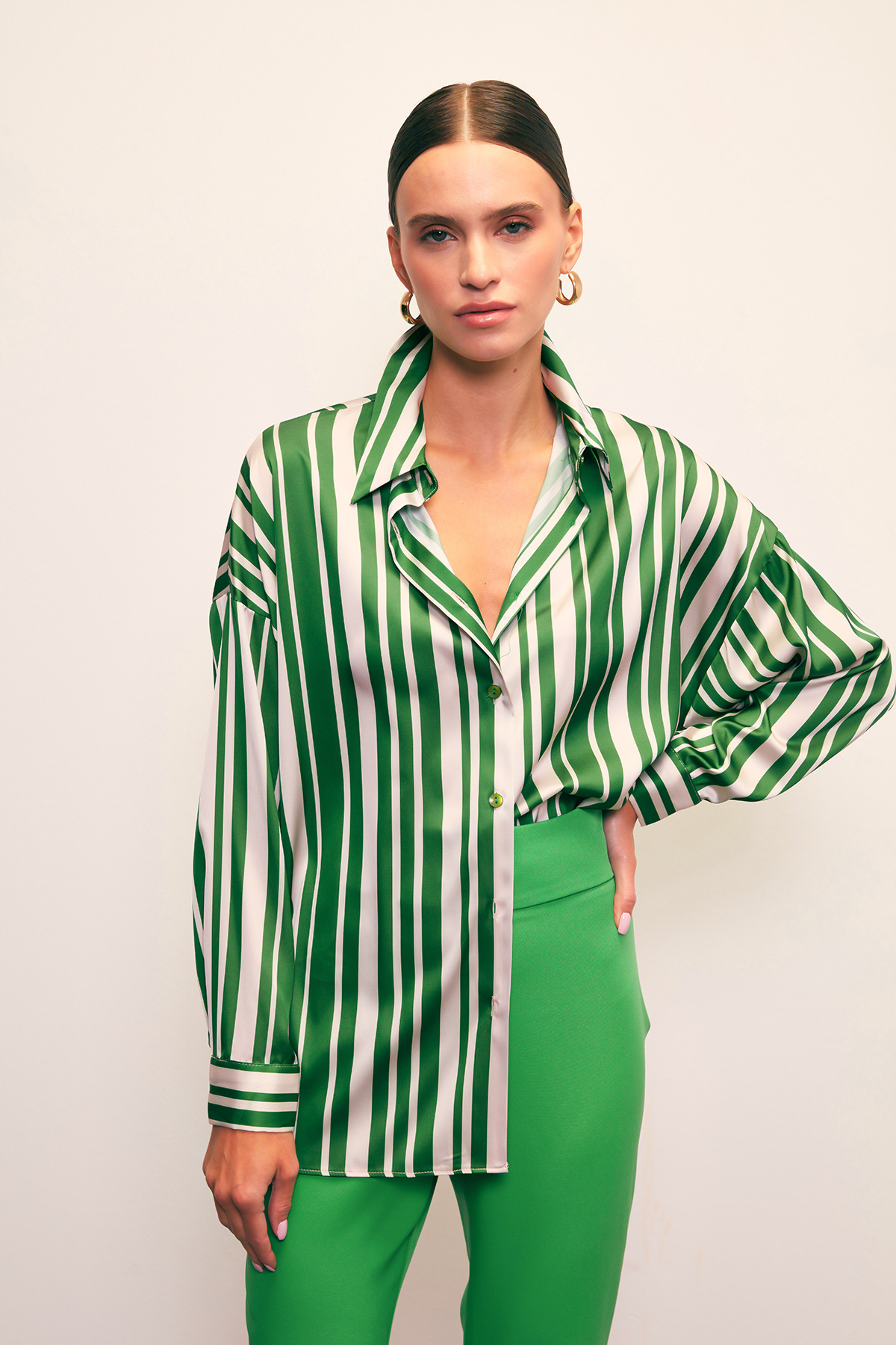 Çizgili Salaş Gömlek - YEŞİL
