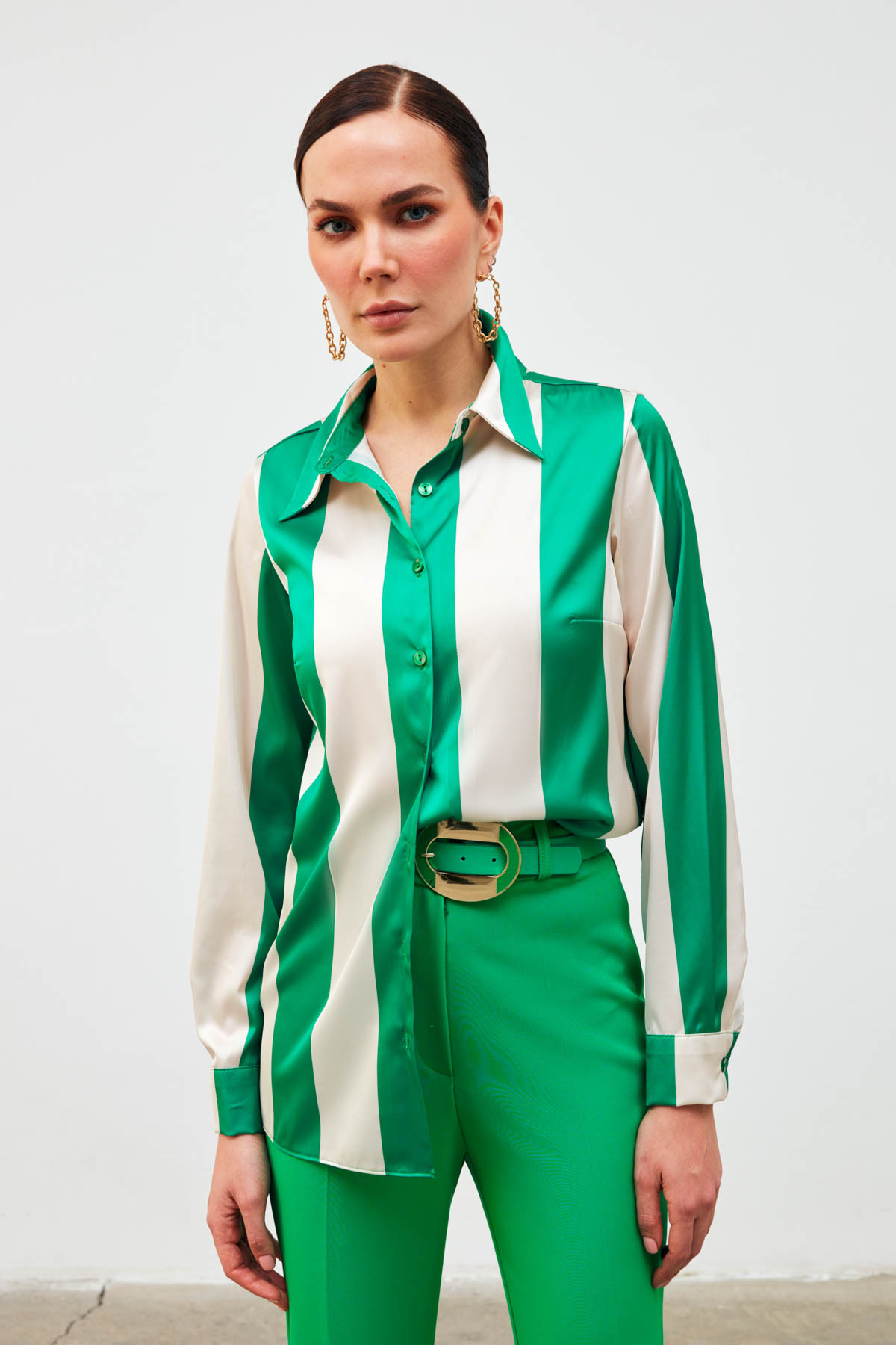 Çizgili Salaş Gömlek - YEŞİL