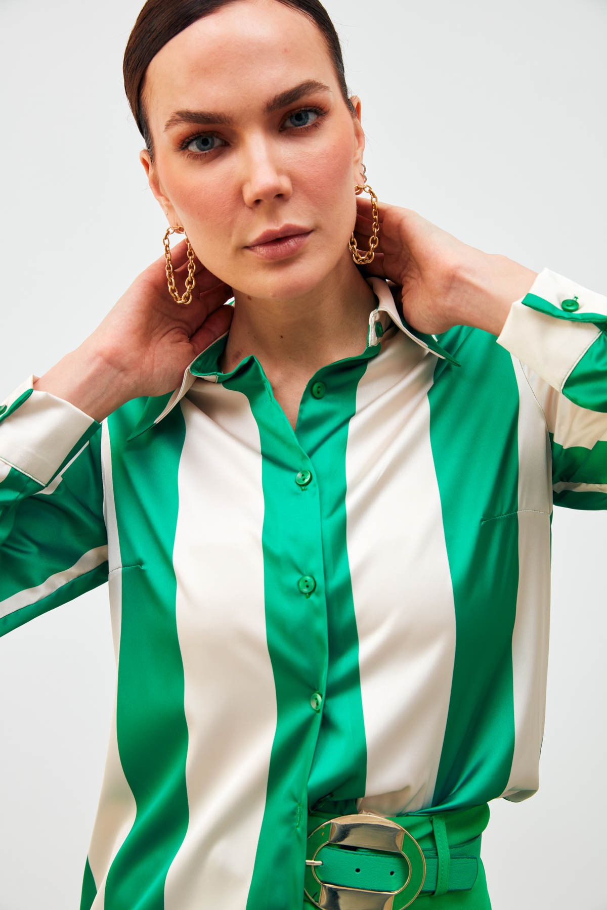 Çizgili Salaş Gömlek - YEŞİL