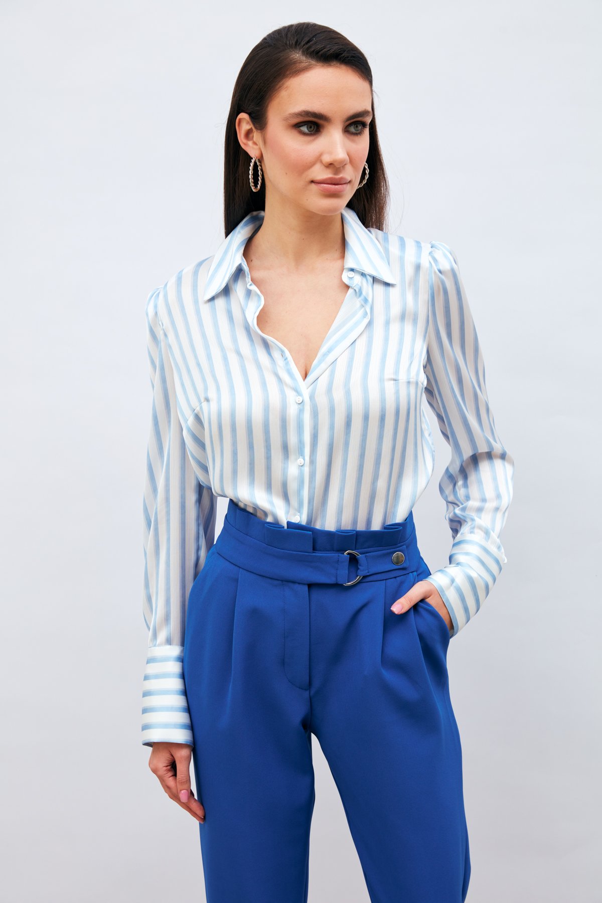 Çizgili Vatka Detaylı Gömlek - MAVİ