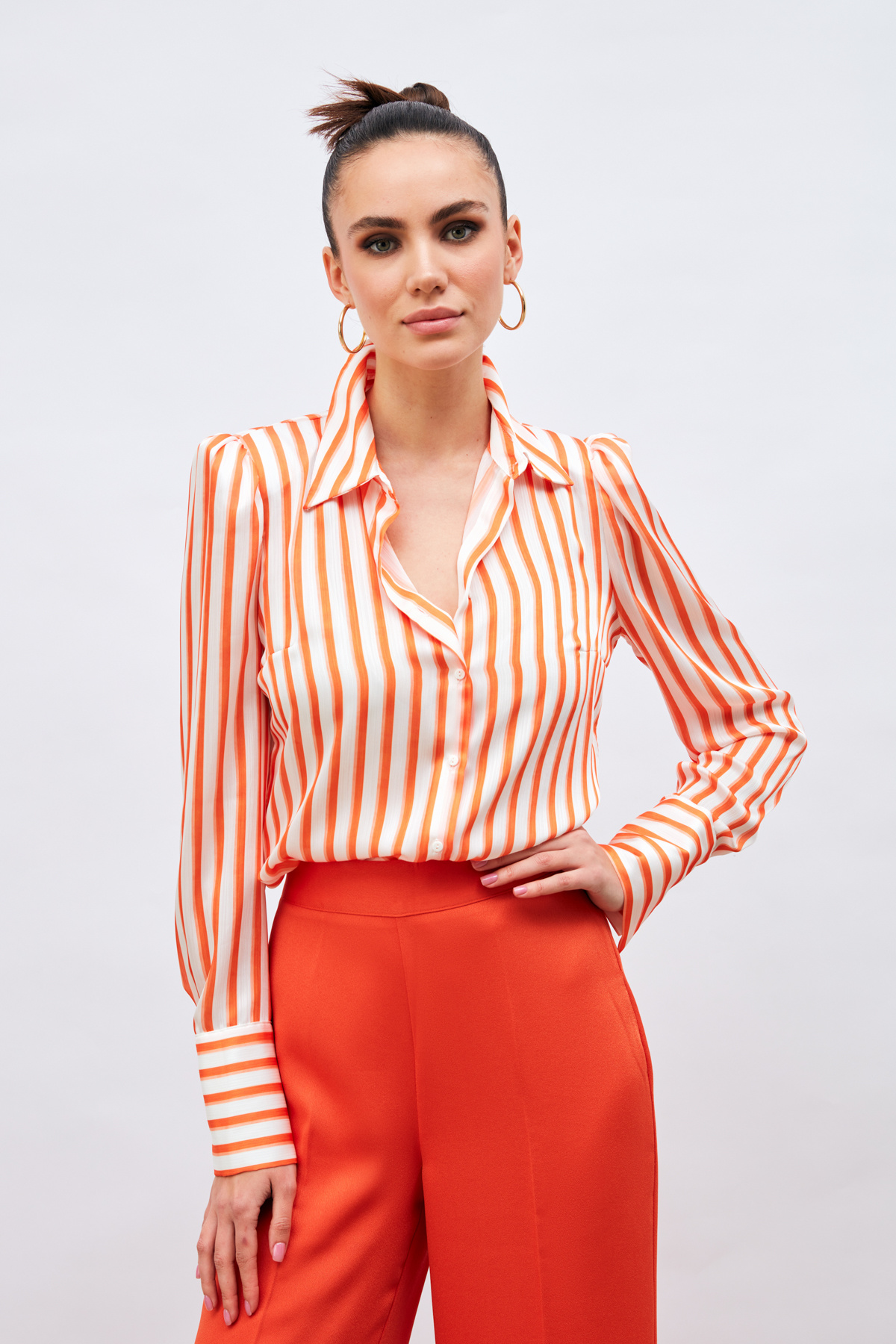 Çizgili Vatka Detaylı Gömlek - ORANJ