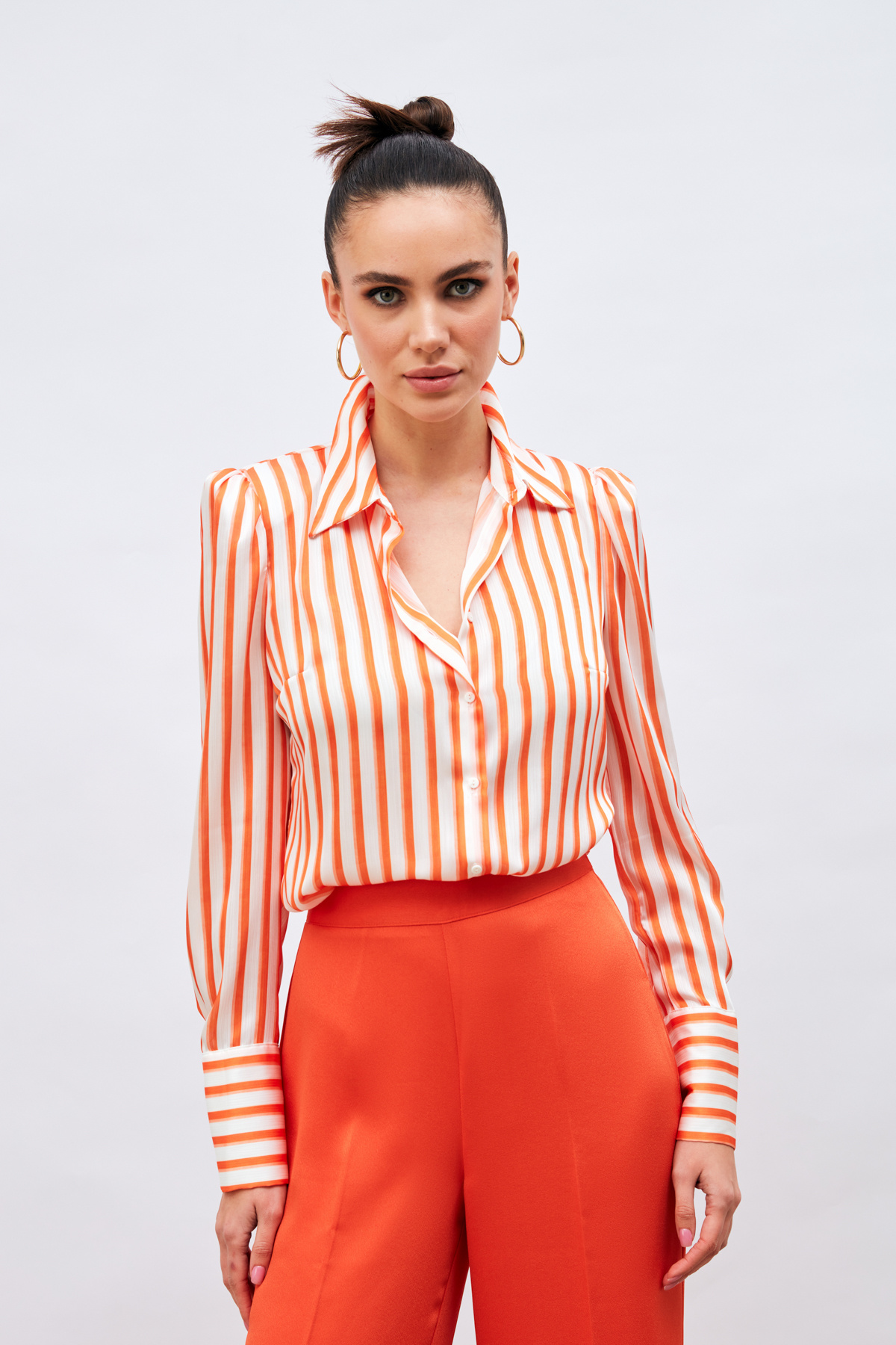 Çizgili Vatka Detaylı Gömlek - ORANJ