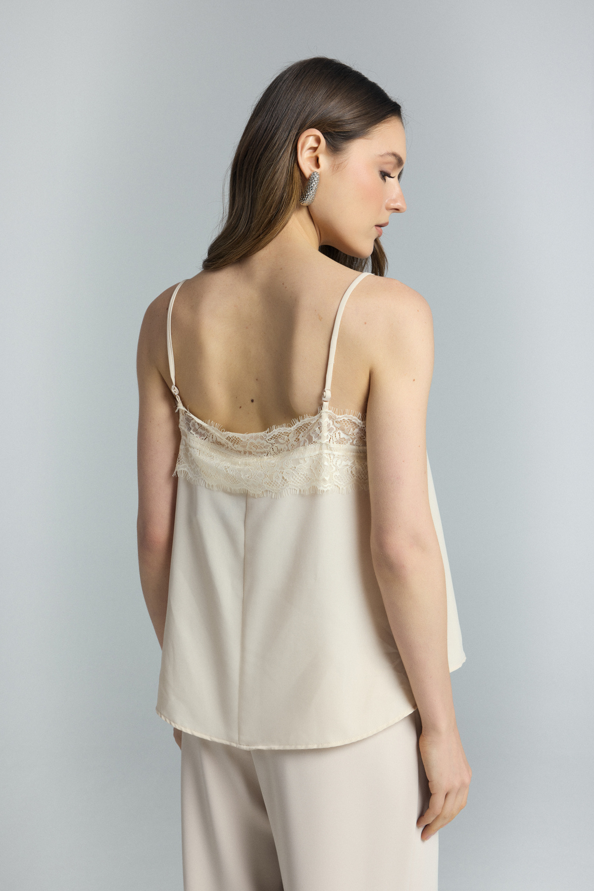 Lace Detail Strappy Blouse - Beıge